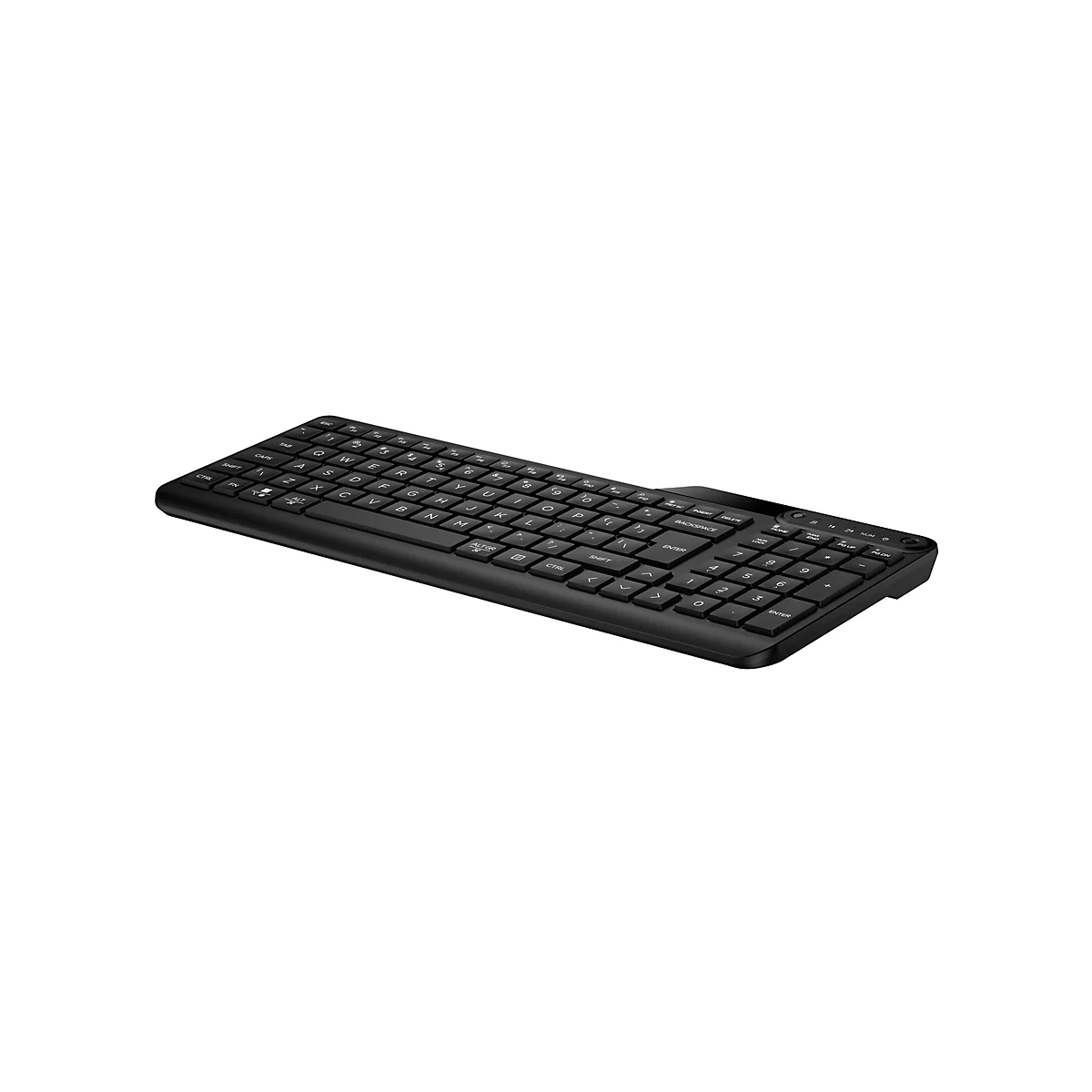 Schwarze kabellose Tastatur in flachem Design aus einer leicht seitlichen Perspektive vor weißem Hintergrund.
