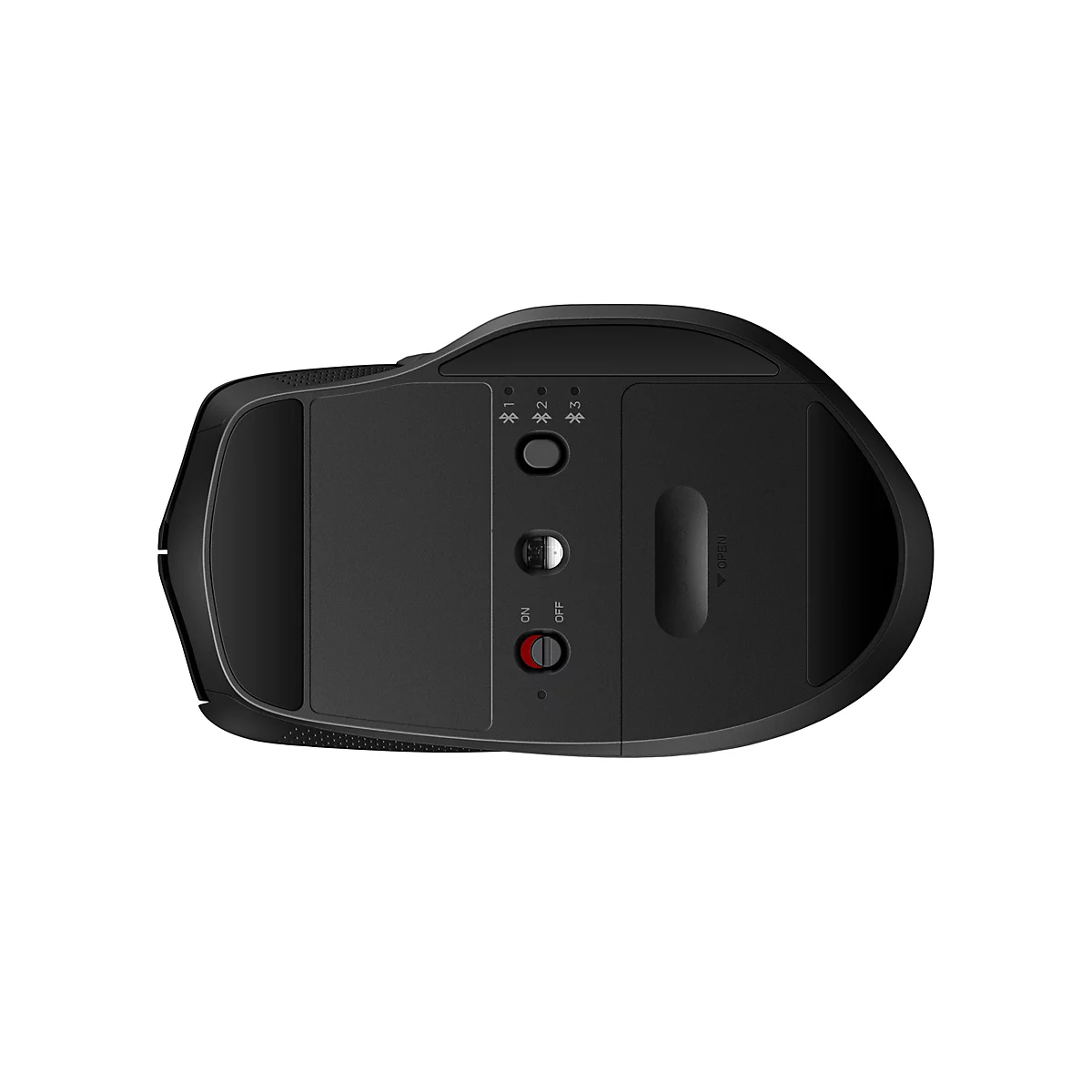 Unterseite einer schwarzen kabellosen Computermaus mit Sensor, Bluetooth-Tasten und Ein-Aus-Schalter auf weißem Grund.