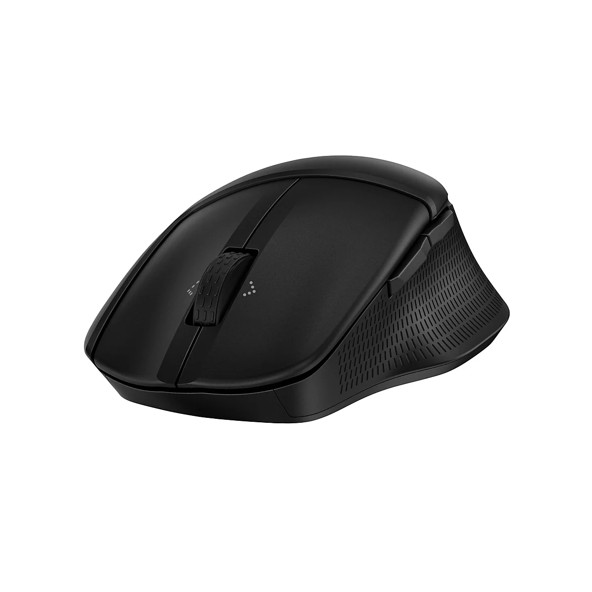 Schwarze, ergonomische Funkmaus mit strukturierten Seitenflächen und Mausrad vor weißem Hintergrund.
