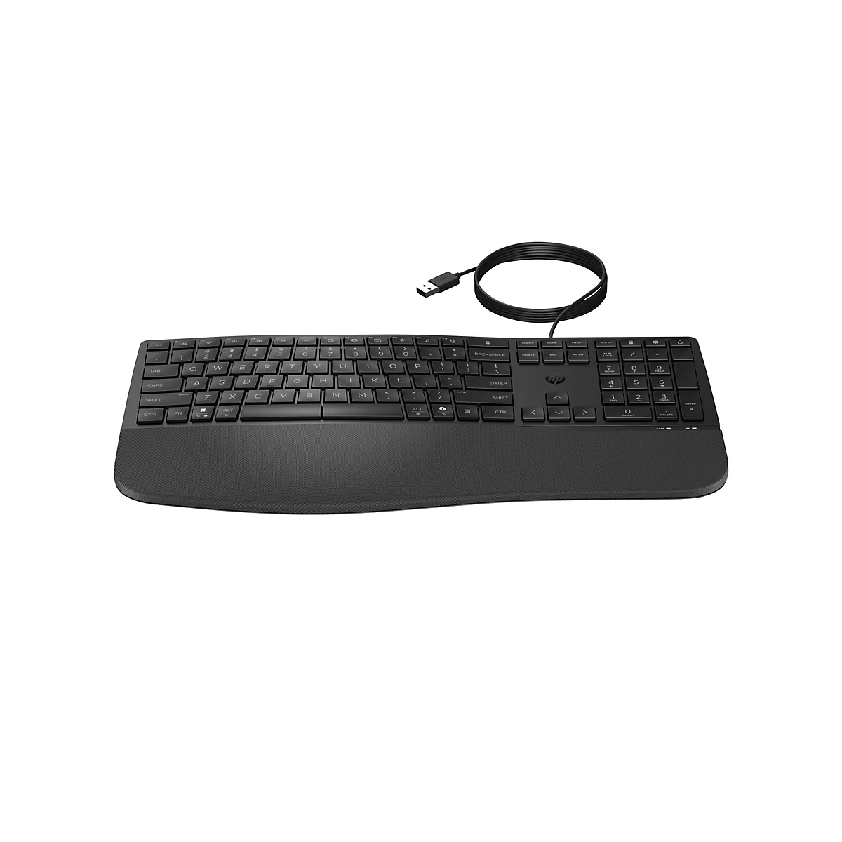 Schwarze, kabelgebundene HP-Tastatur mit Handballenauflage auf weißem Hintergrund.