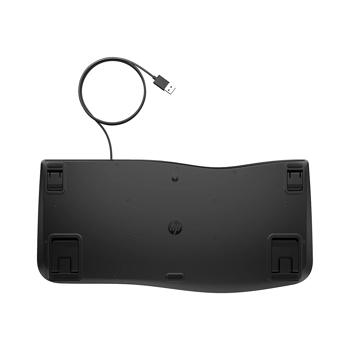 Die Unterseite einer schwarzen HP-Tastatur mit Kabel und USB-Anschluss vor weißem Hintergrund.