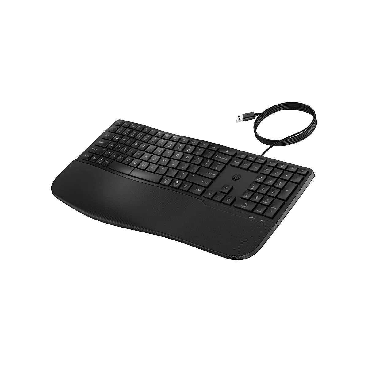 Schwarze, kabelgebundene HP-Tastatur mit integrierter Handballenauflage vor weißem Hintergrund.
