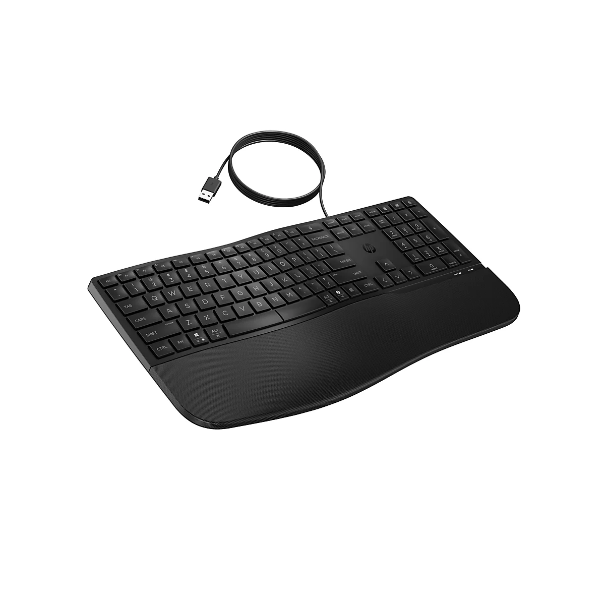 Schwarze HP Tastatur mit Kabel und integrierter, strukturierter Handballenauflage vor weißem Hintergrund.