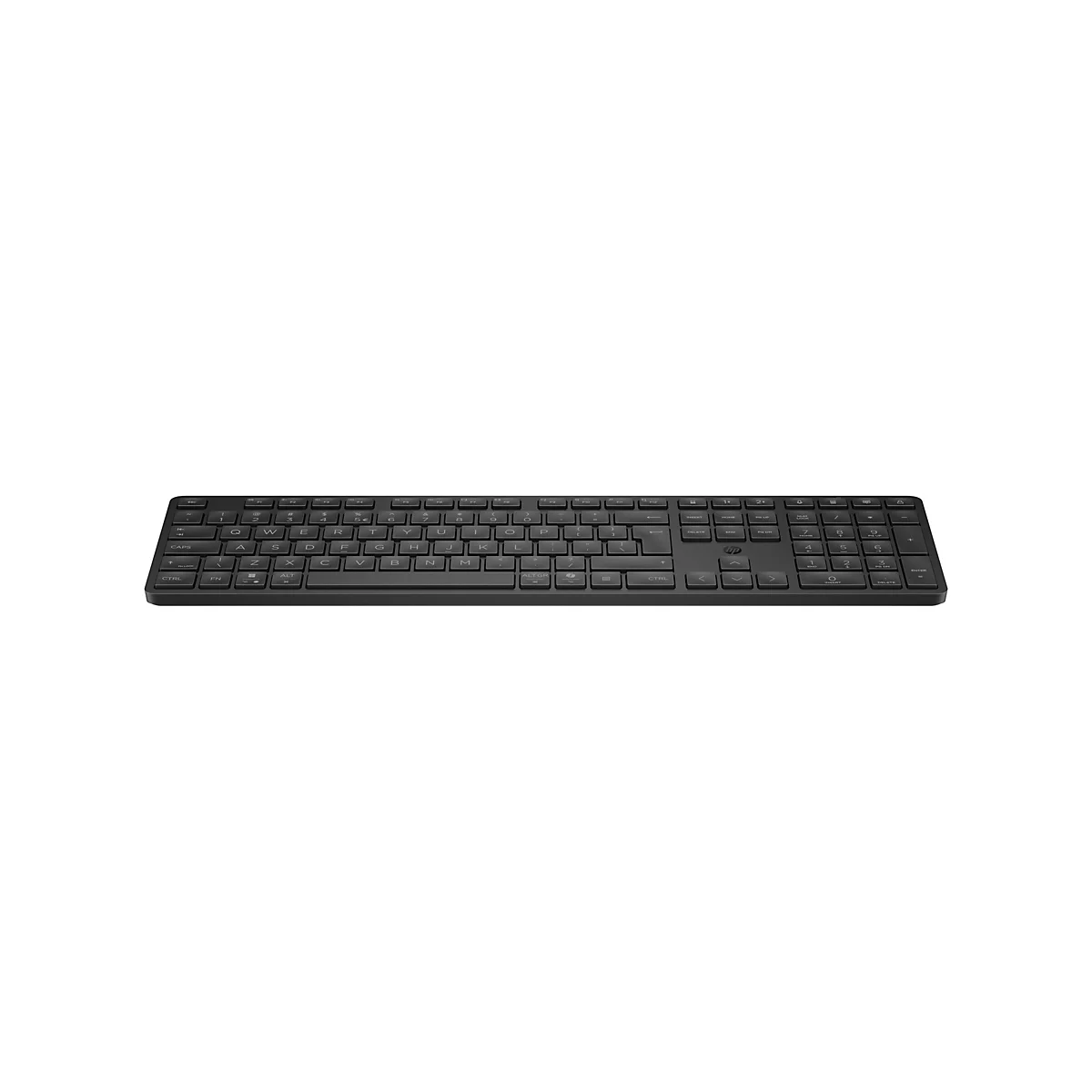 Schwarze kabellose HP Tastatur mit QWERTZ-Layout und Ziffernblock vor neutralem, weißem Hintergrund.
