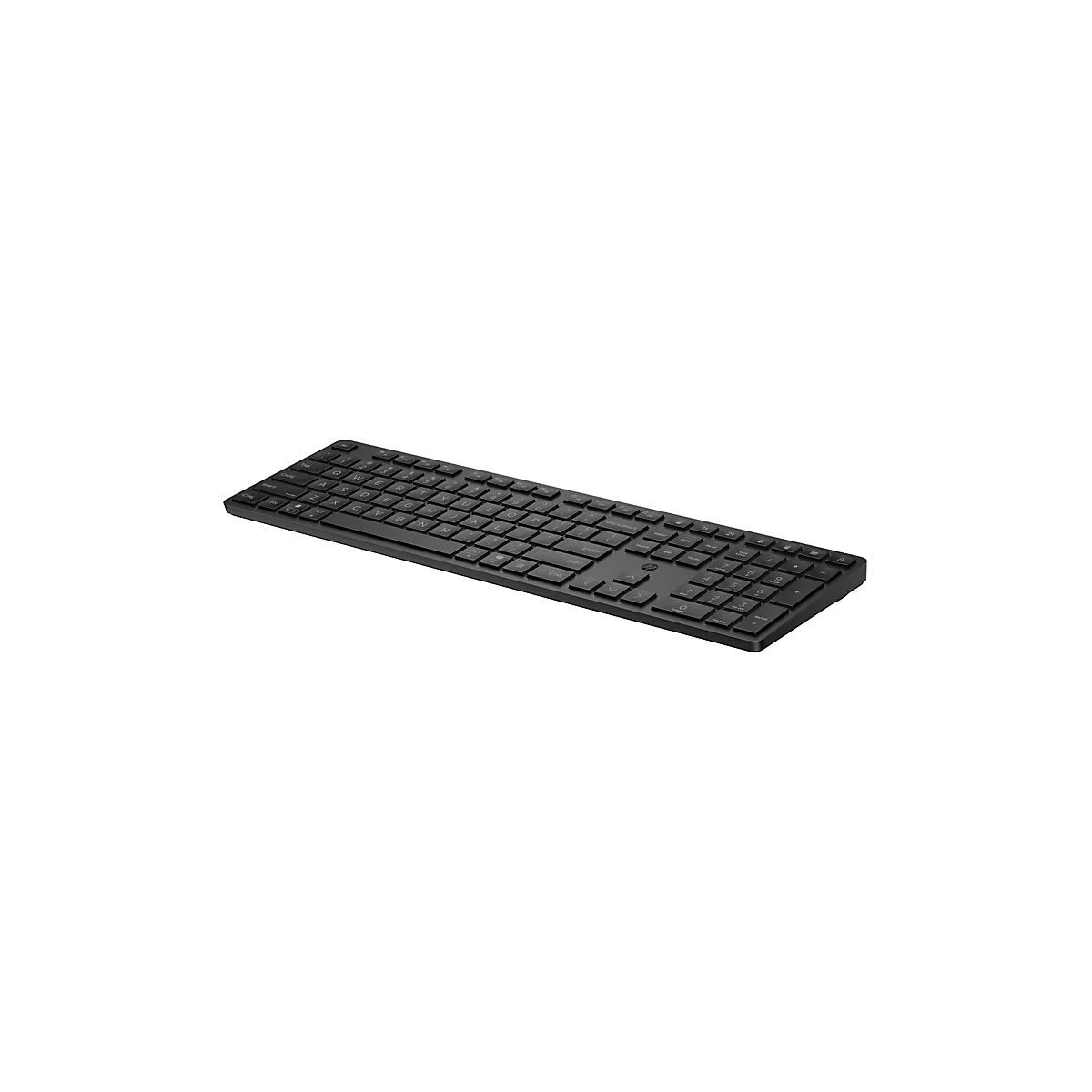 Schwarze HP Tastatur in leicht schräger Ansicht vor weißem Hintergrund.