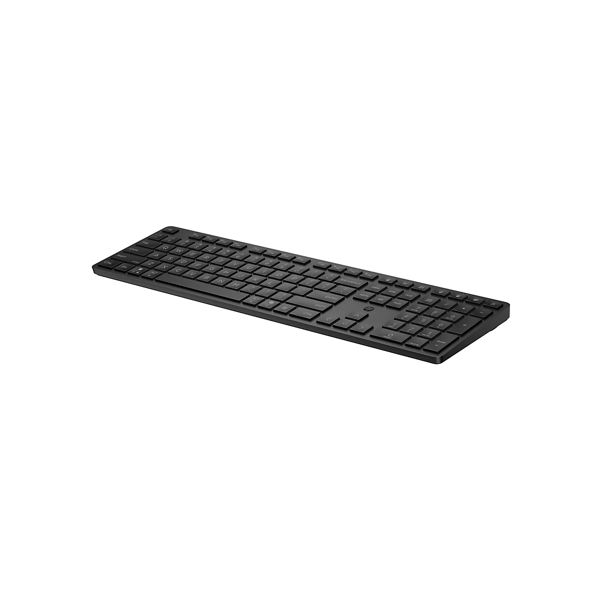 Schwarze kabellose Tastatur von HP in flachem Design vor weißem Hintergrund.