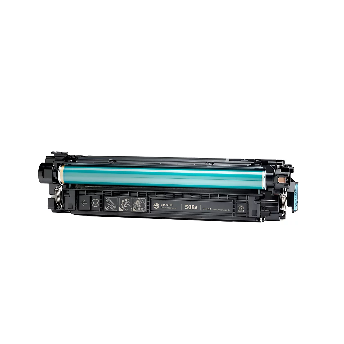 Une cartouche de toner HP Laserjet noire sur fond blanc. Elle a un rouleau turquoise et un autocollant avec des spécifications.