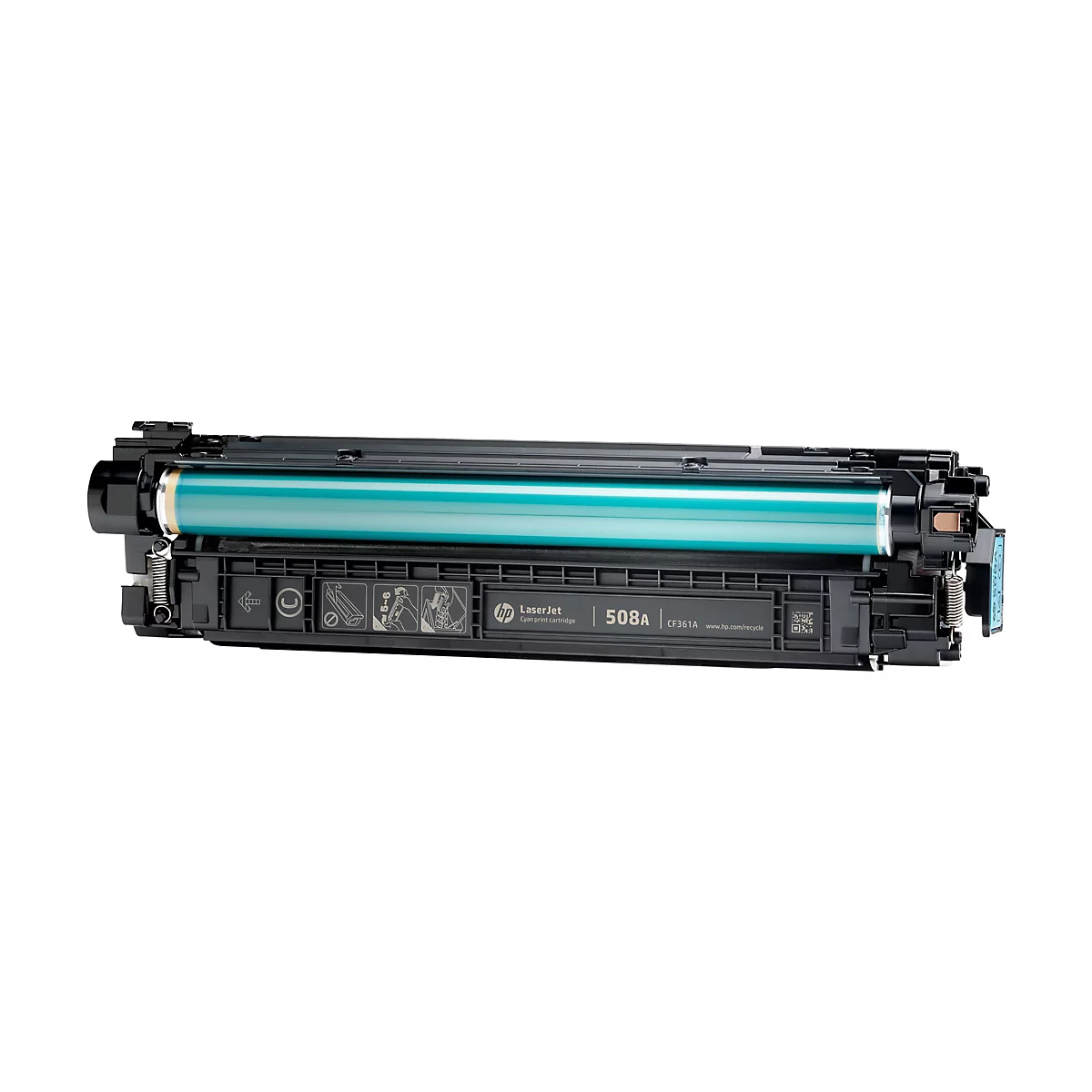 Ein HP LaserJet 508A Cyan-Tonerkartusche auf weißem Hintergrund. Die Kartusche ist schwarz und zylindrisch mit einem türkisfarbenen Zylinder und silbernen Federn.