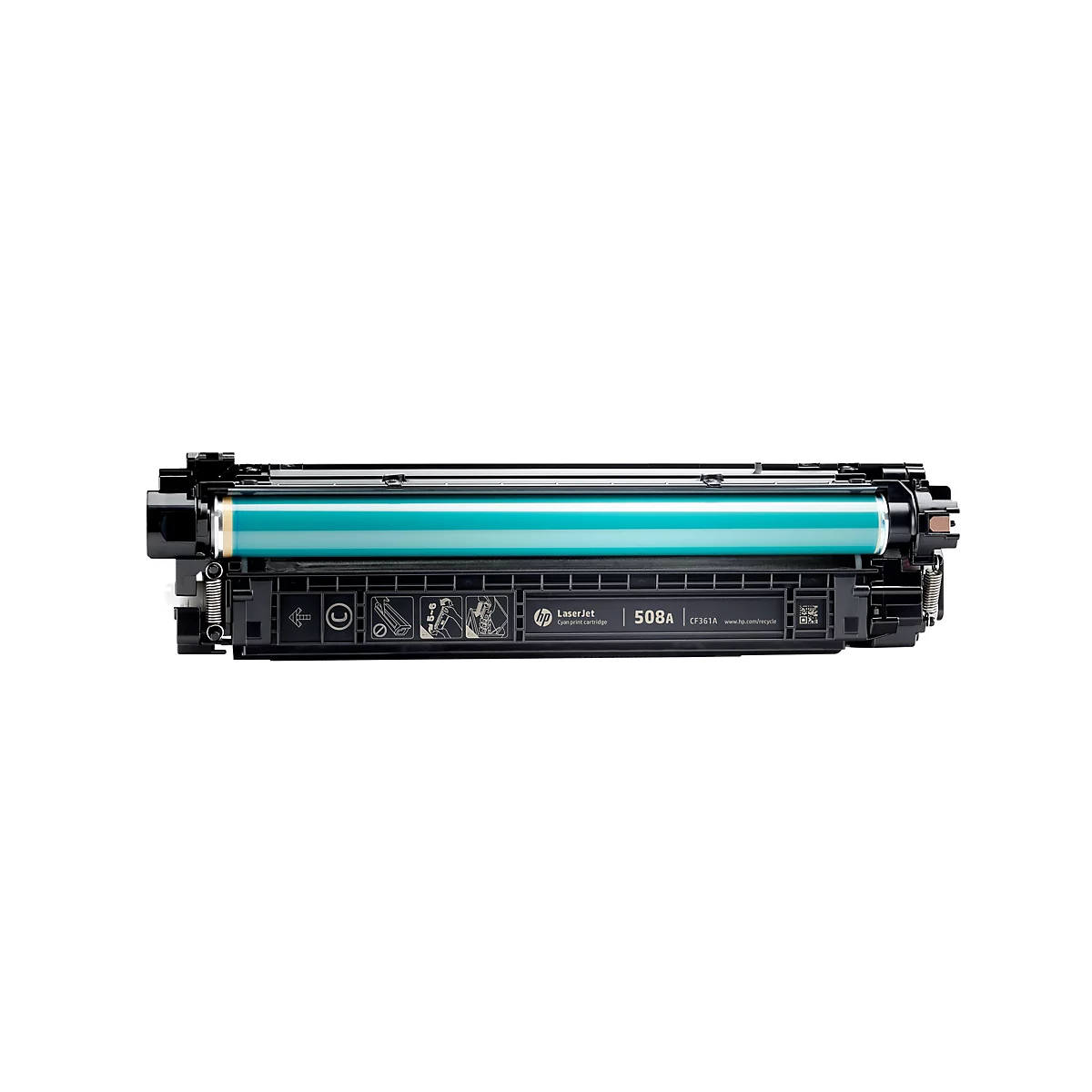Eine schwarze HP-Laserdruckerpatrone, die quer über einen weißen Hintergrund gelegt wurde.