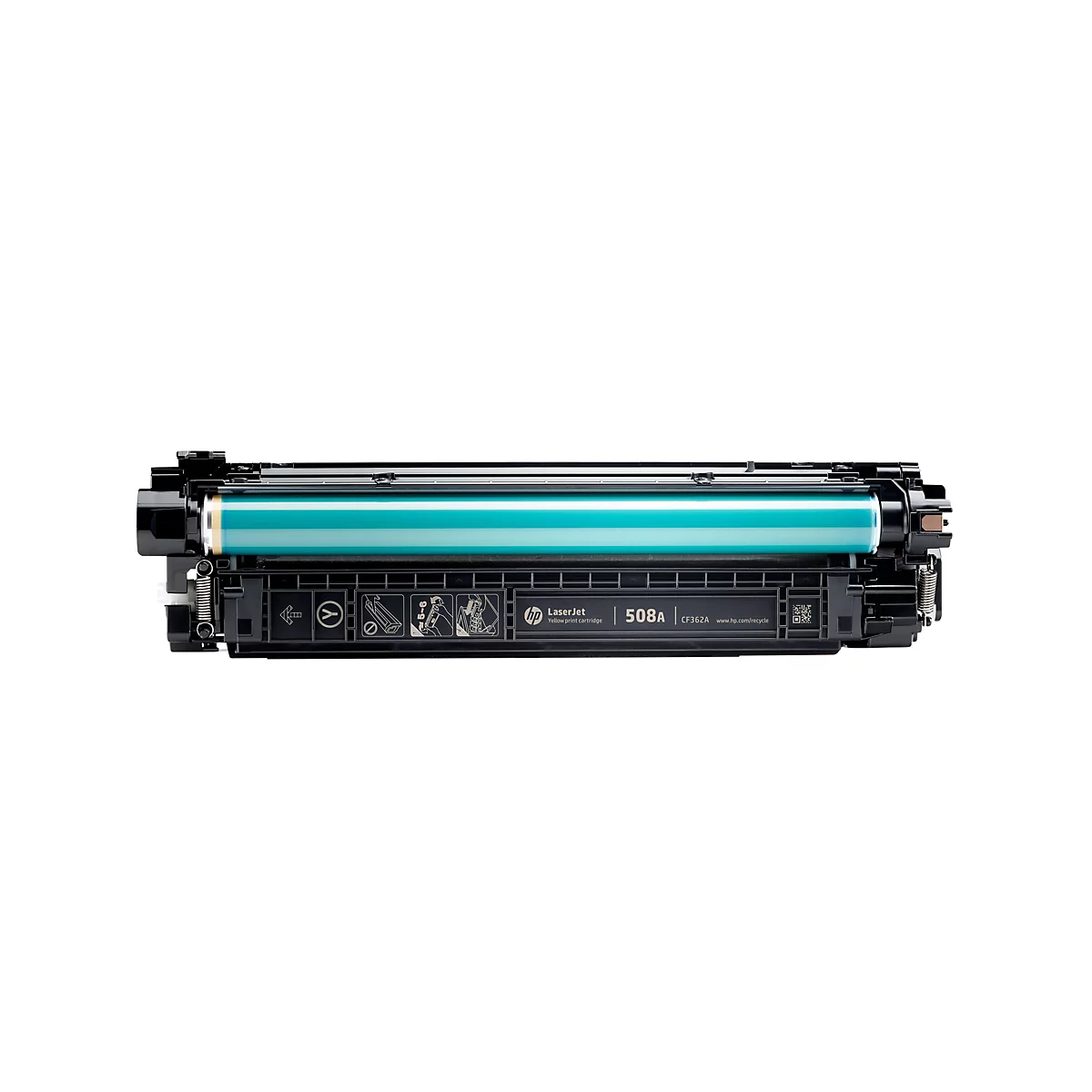 HP Laserjet-Tonerpatrone 508A, gelbe Farbe, in Nahaufnahme vor weißem Hintergrund.