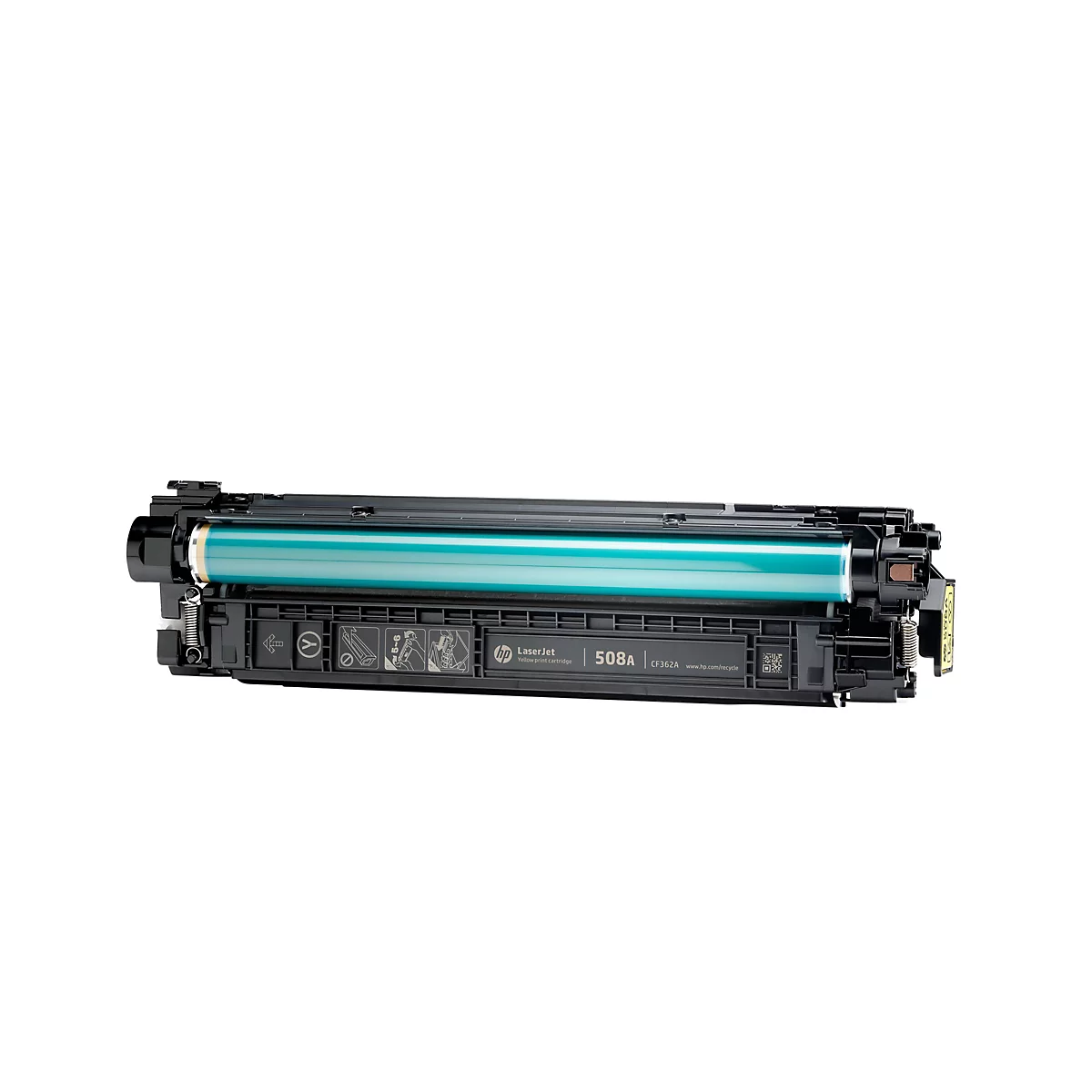 Schwarze HP 508A Tonerkartusche, detailliert vor weißem Hintergrund. Die Kartusche hat eine zylindrische Form mit einem hellgrünen Kern und schwarzer Außenhülle.