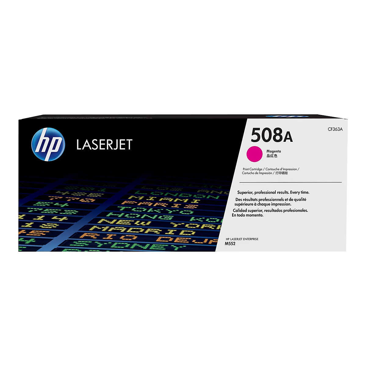 Eine HP LaserJet-Tonerkartusche für Magenta. Auf der Packung sind Text und das HP-Logo zu sehen, mit einem Flughafen-Anzeigetafel Hintergrund.