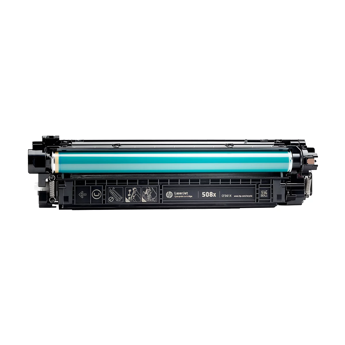 Eine HP Laserjet-Tonerpatrone, weißer Hintergrund. Gezeigt werden der schwarze Rahmen, das grüne Walzenteil und der Markenname.
