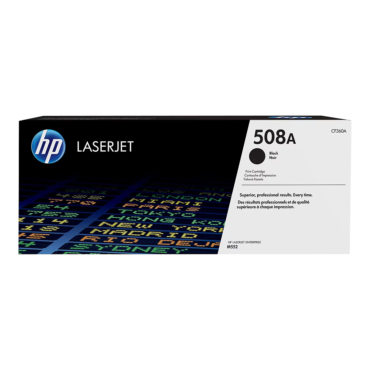 Schwarze HP LaserJet Tonerkartusche, beschriftet mit "508A" und "Black".