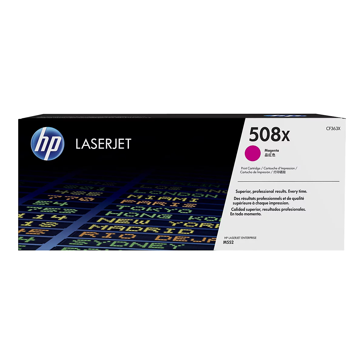 Magenta Tonerpatrone fÃ¼r HP LaserJet 508x. Aufschrift: 508x, Magenta, und das HP Logo.
