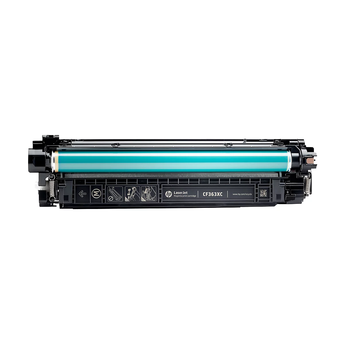 Eine HP LaserJet-Toner-Kartusche CF363XC auf weißem Hintergrund. Das zylindrische Innenleben schimmert türkis.
