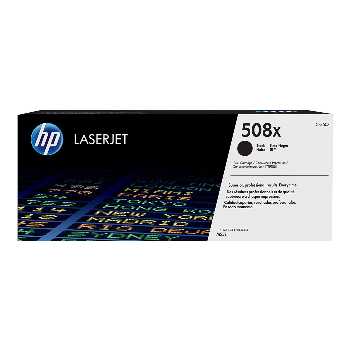 Schwarz-Tonerkartusche mit der Aufschrift "508x" und HP Laserjet-Logo. Im Hintergrund ist ein dynamisches Muster aus grünen und gelben Buchstaben zu sehen.