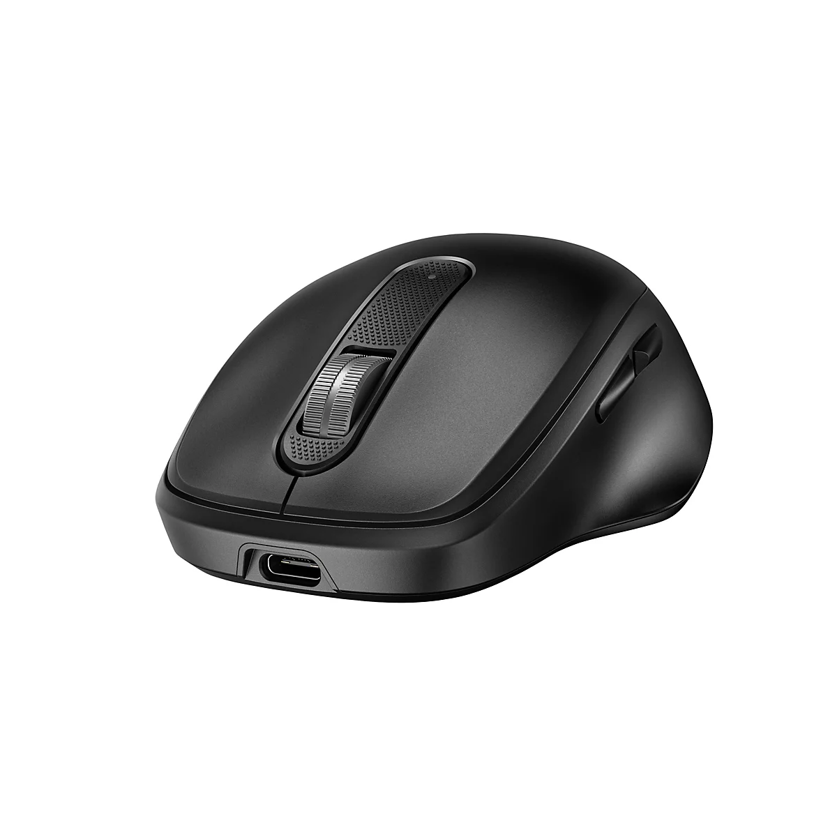 Schwarze kabellose Computermaus mit strukturiertem Scrollrad und USB-C-Anschluss vor weißem Hintergrund.