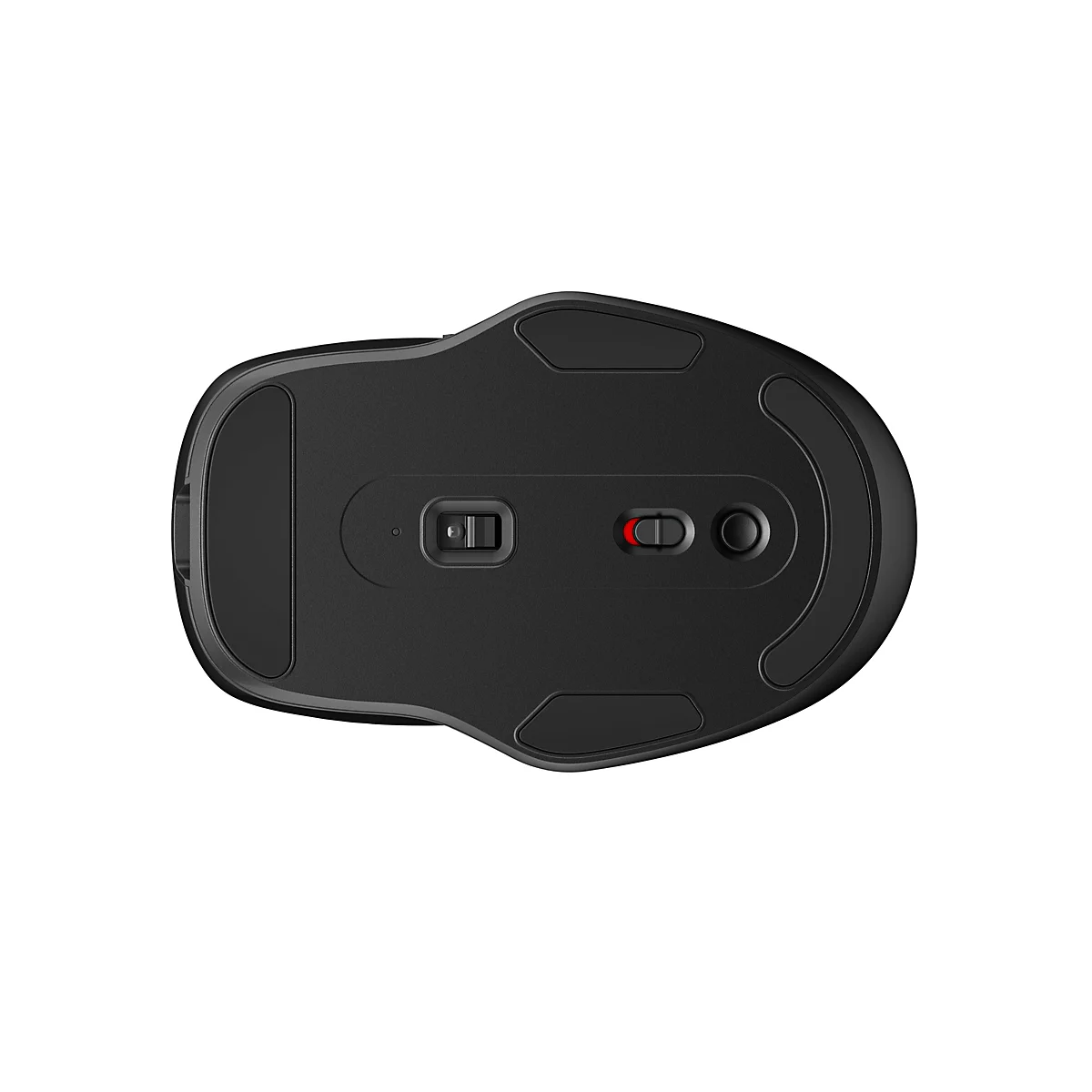 Draufsicht auf eine schwarze Computermaus. An der Unterseite befinden sich Bedienelemente und Gleitflächen.