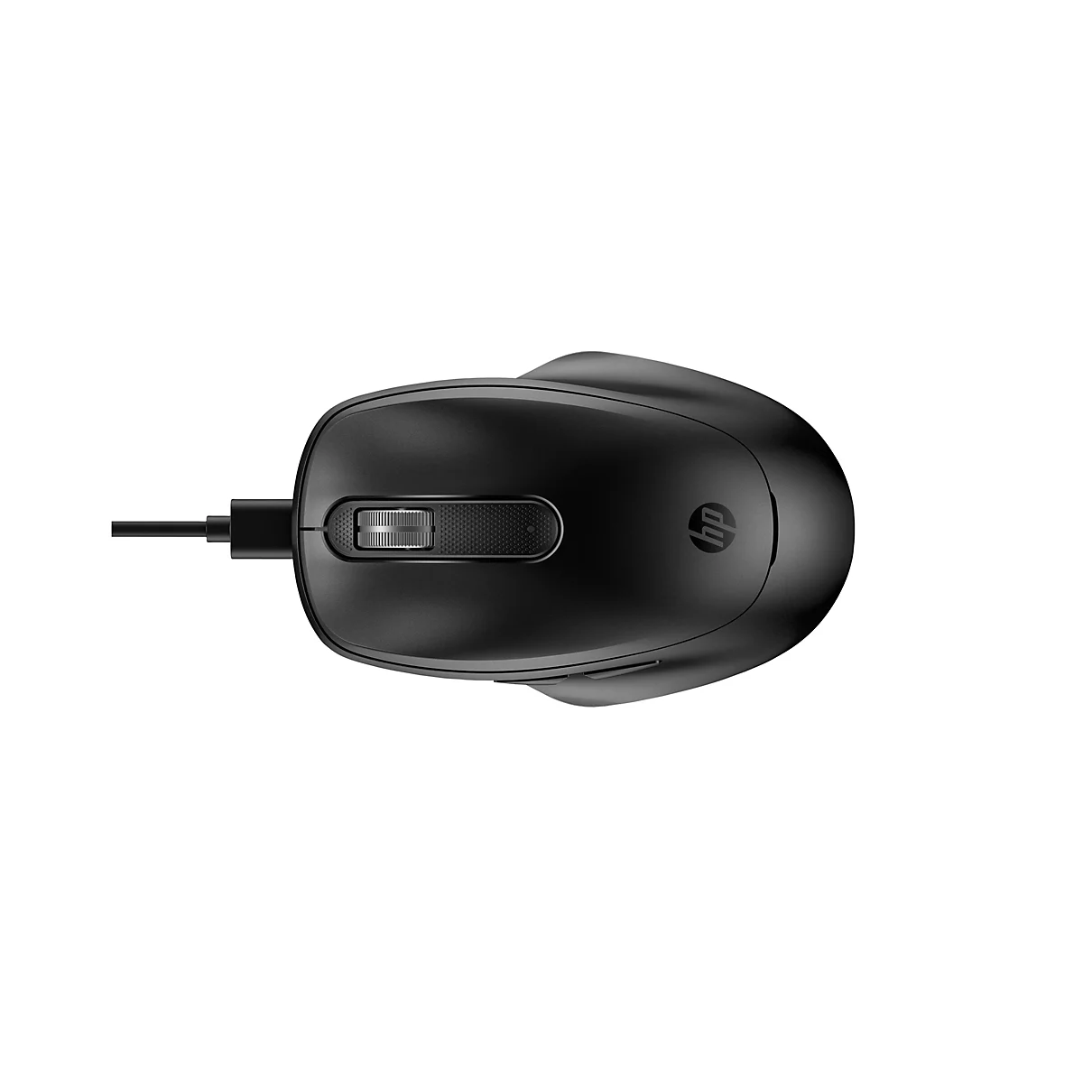 Schwarze HP-Maus, Drahtanschluss. Obenliegende Ansicht. Scrollrad und HP-Logo erkennbar.