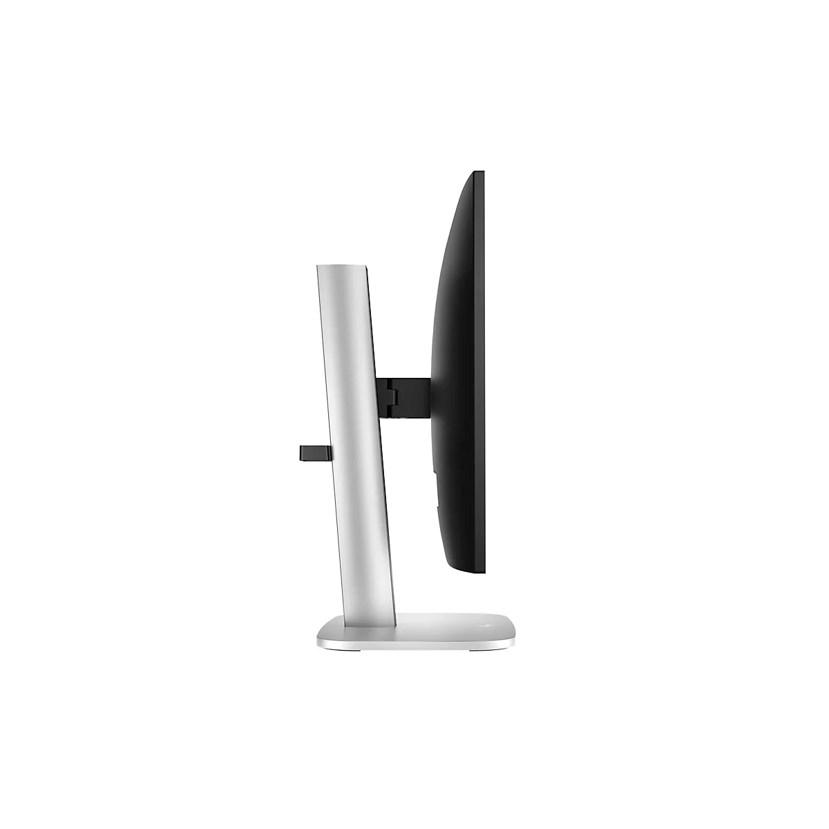 Seitenansicht eines modernen Computer-Monitors mit silbernem Standfuß vor weißem Hintergrund.