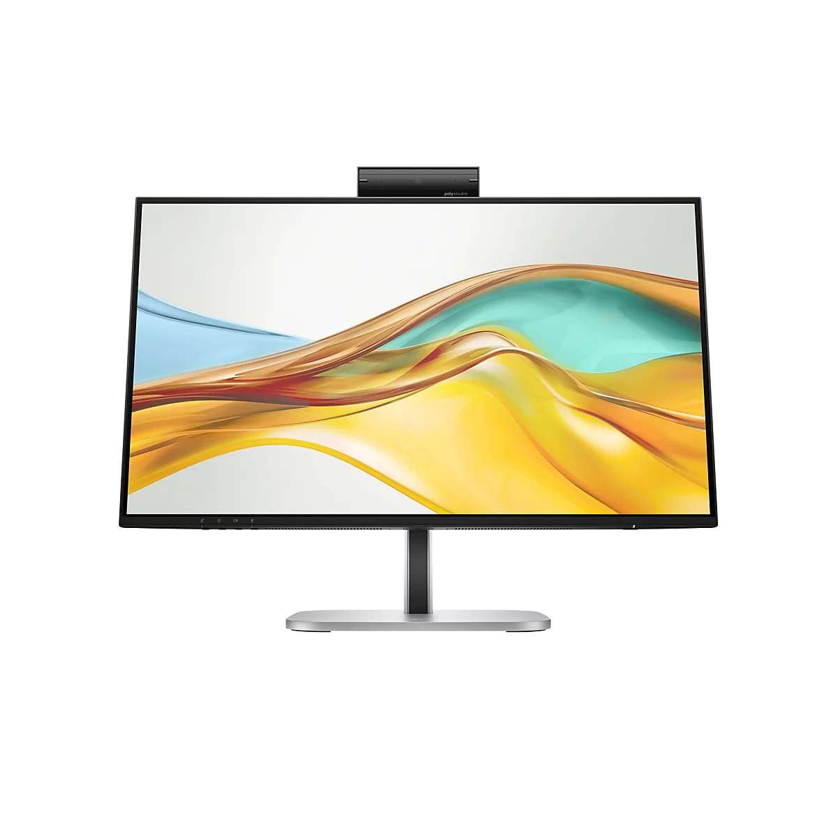 Ein moderner Poly Studio Monitor mit integrierter Kamera auf einem silbernen Standfuß vor weißem Hintergrund.