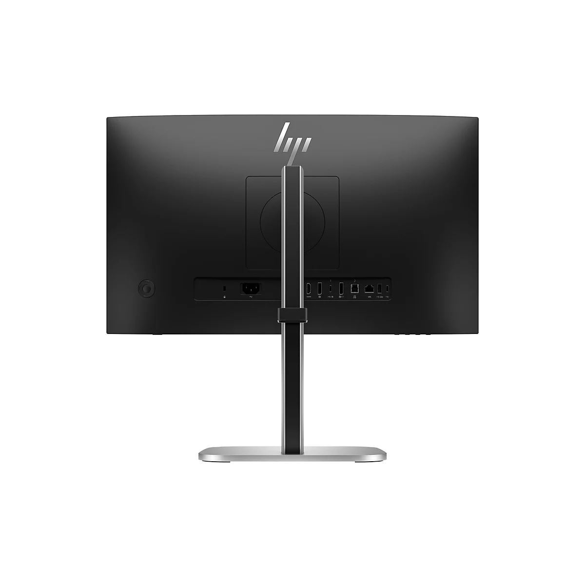 Rückseite eines schwarzen HP-Monitors auf einem silbernen Standfuß mit sichtbaren Anschlüssen.