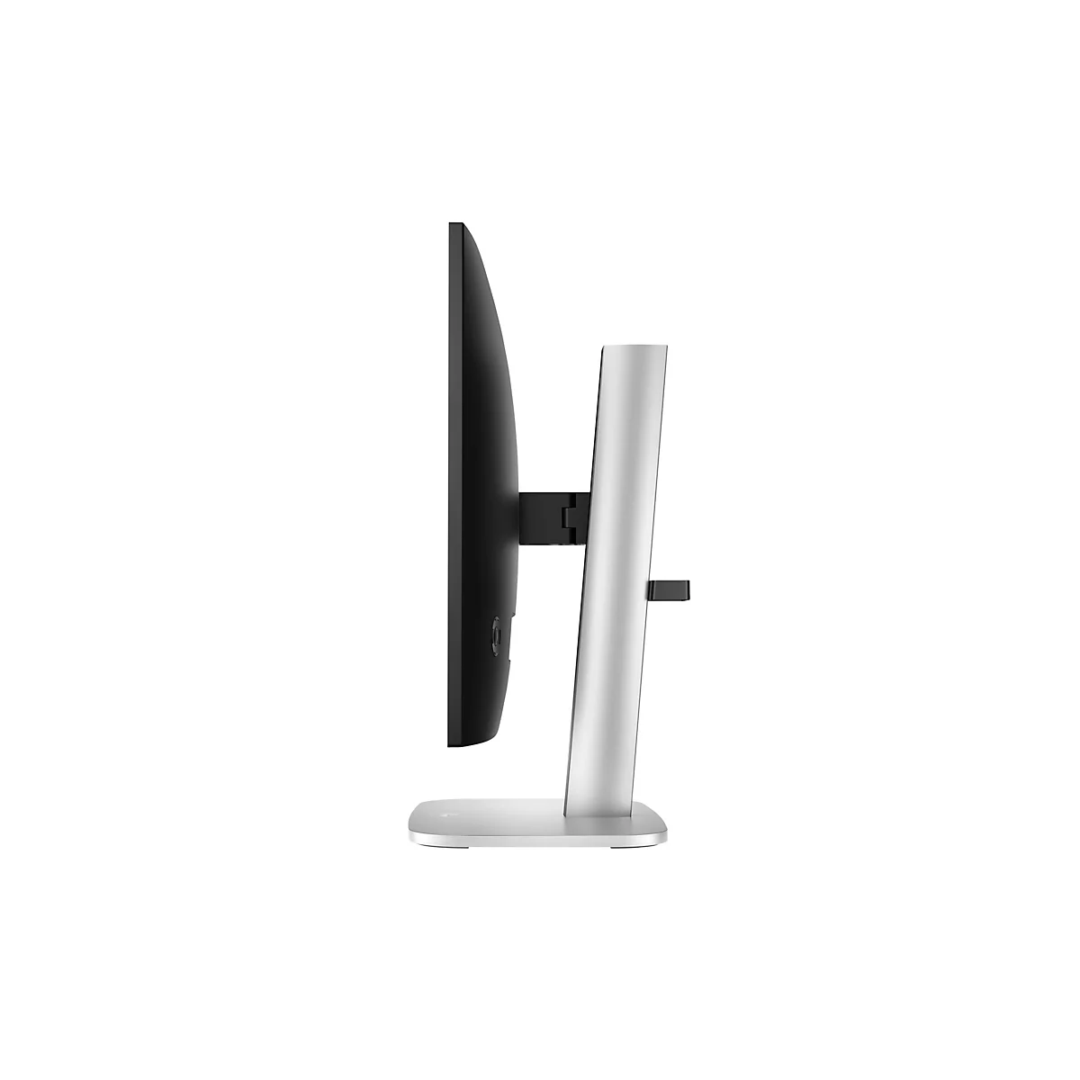 Seitenansicht eines Monitors mit schwarzem Display und silbernem Standfuß vor weißem Hintergrund.