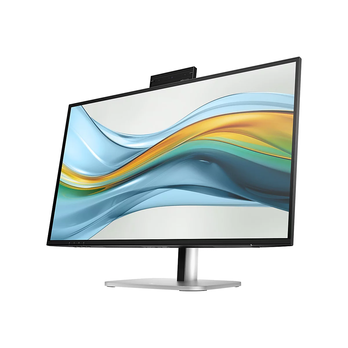 Computer-Monitor auf Standfuß mit aufgesetzter Poly Studio Videokonferenz-Kamera vor weißem Hintergrund.