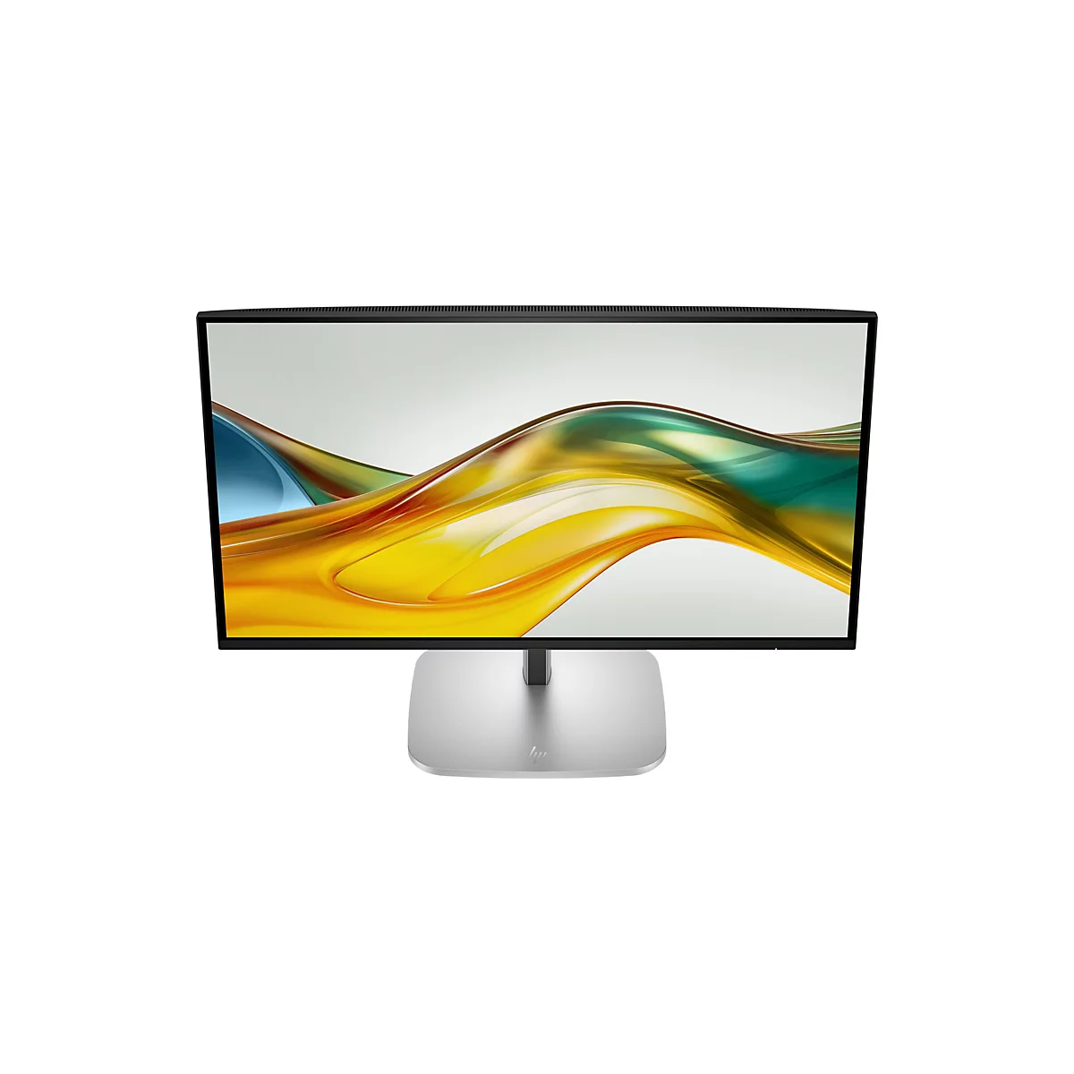 Ein moderner HP Monitor mit schlankem, schwarzem Rahmen und silbernem Standfuß vor weißem Hintergrund.