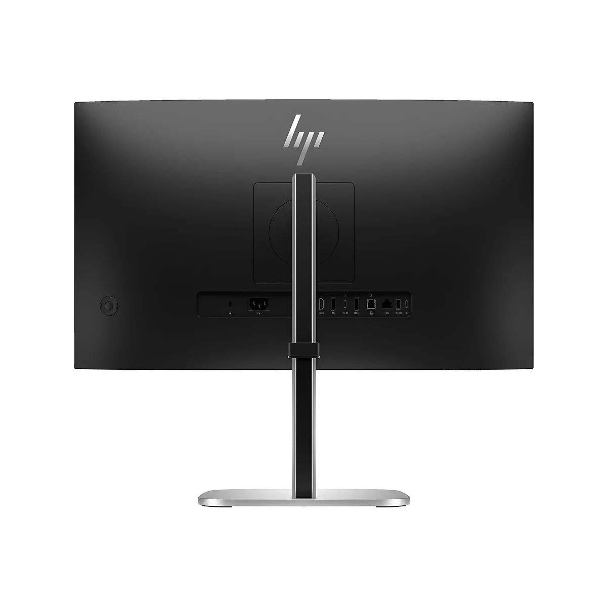 Rückseite eines schwarzen HP-Monitors mit silbernem Standfuß und sichtbaren Anschlüssen.