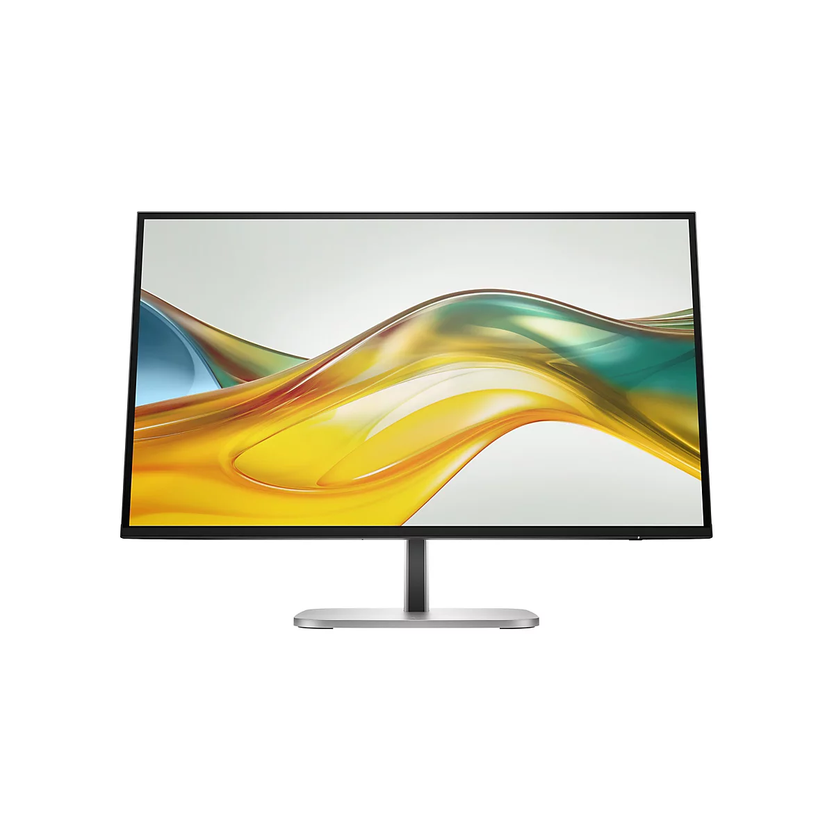Moderner PC-Monitor mit dünnem Rahmen auf einem schlichten, silbernen Standfuß vor weißem Hintergrund.
