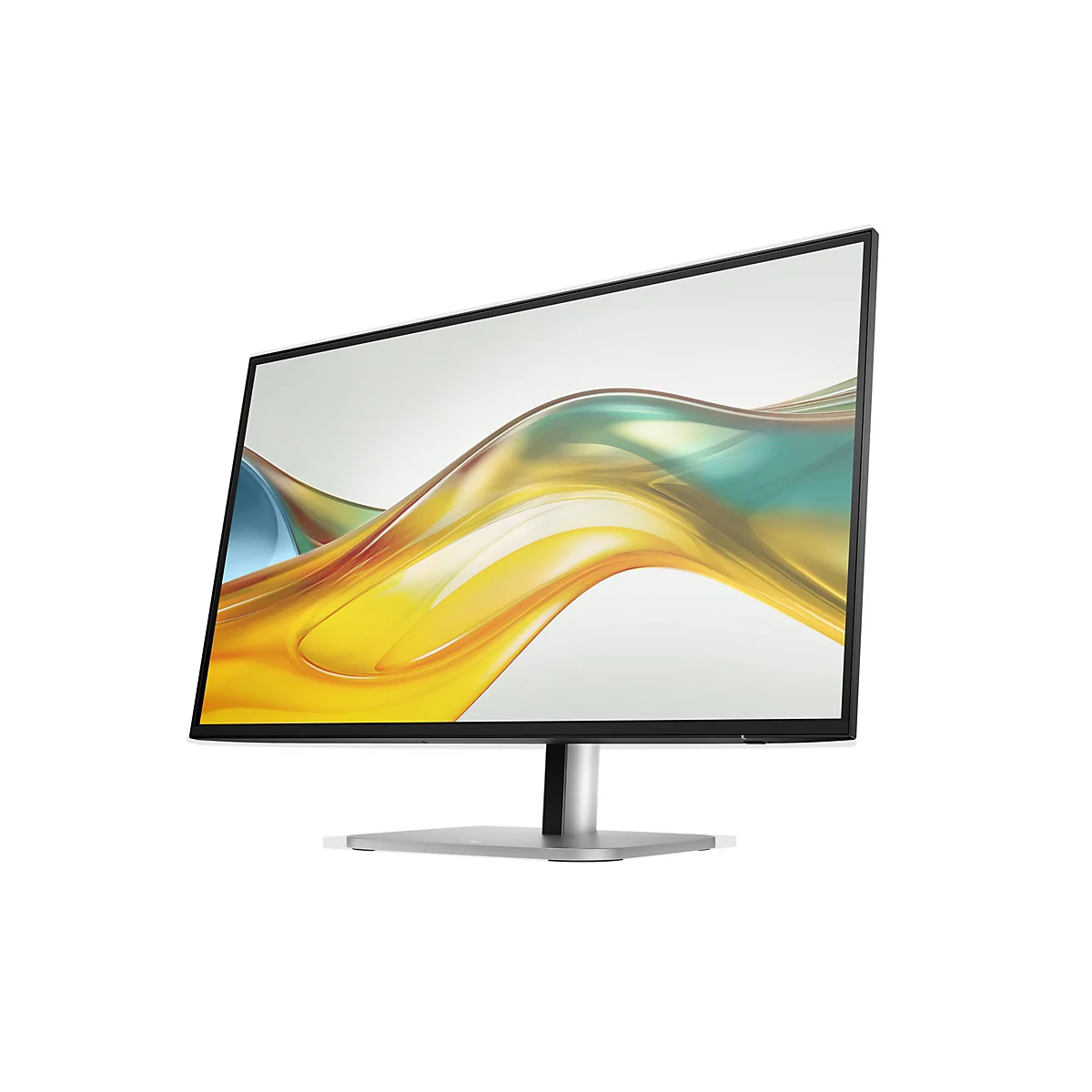 Moderner Computerbildschirm mit schlankem Rahmen und abstraktem, farbenfrohem Hintergrundbild auf hellem Grund.