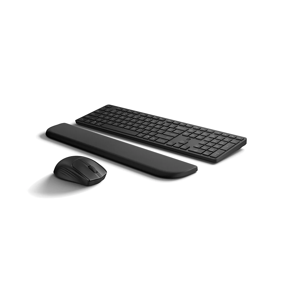 Schwarzes HP Wireless-Tastatur- und Maus-Set mit Handballenauflage vor weißem Hintergrund.