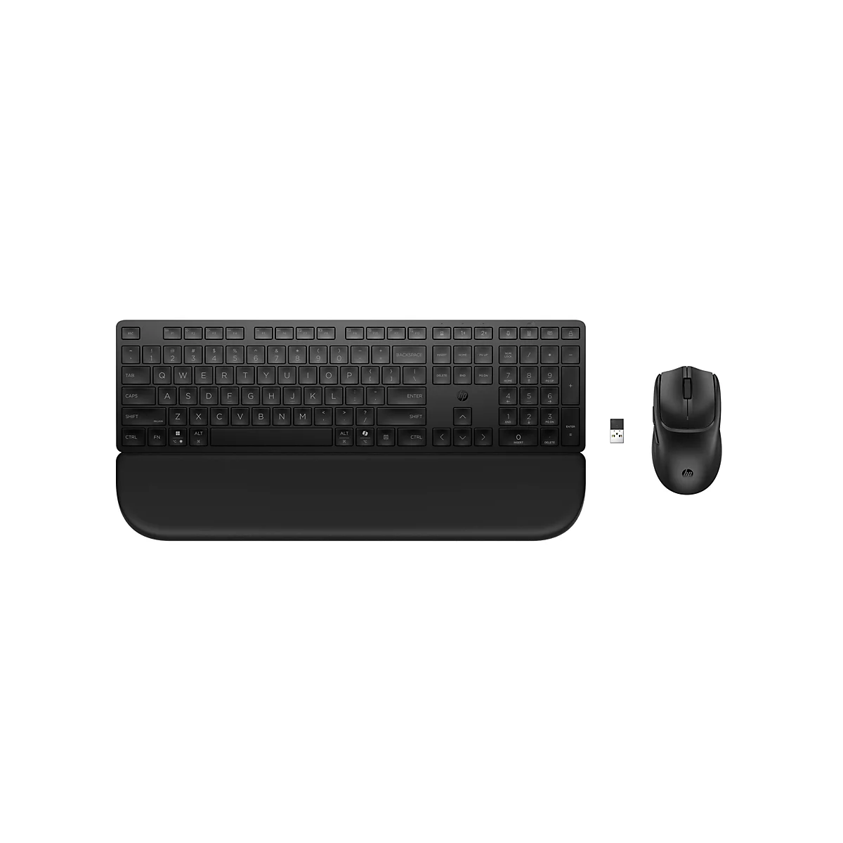 Schwarzes kabelloses HP Tastatur- und Maus-Set mit Handballenauflage und USB-Empfänger auf weißem Grund.