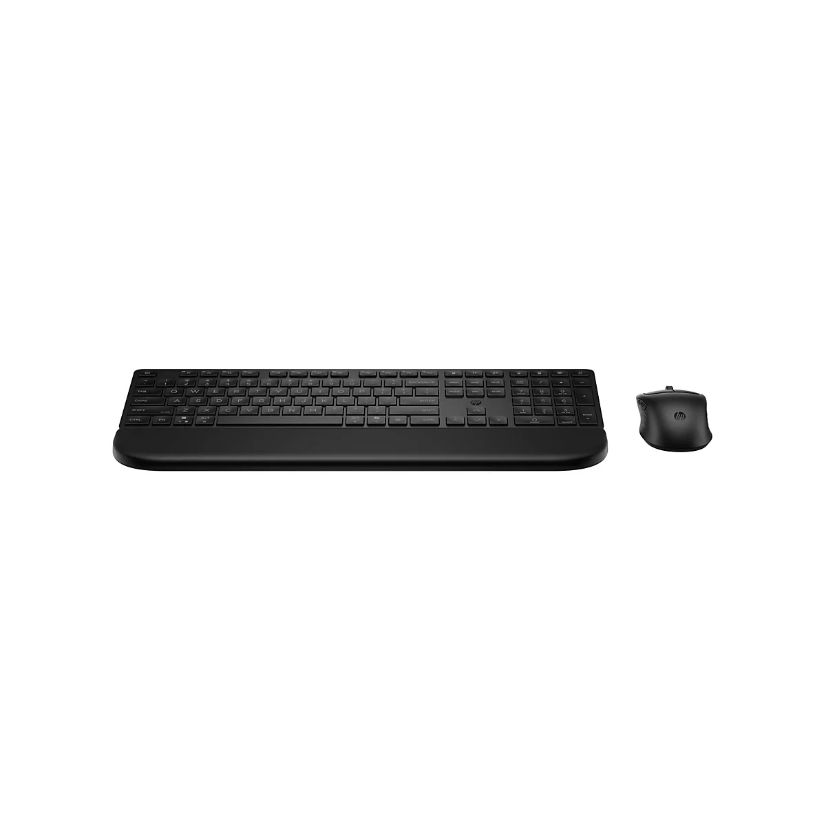 Schwarzes HP Tastatur- und Maus-Set vor weißem Hintergrund.