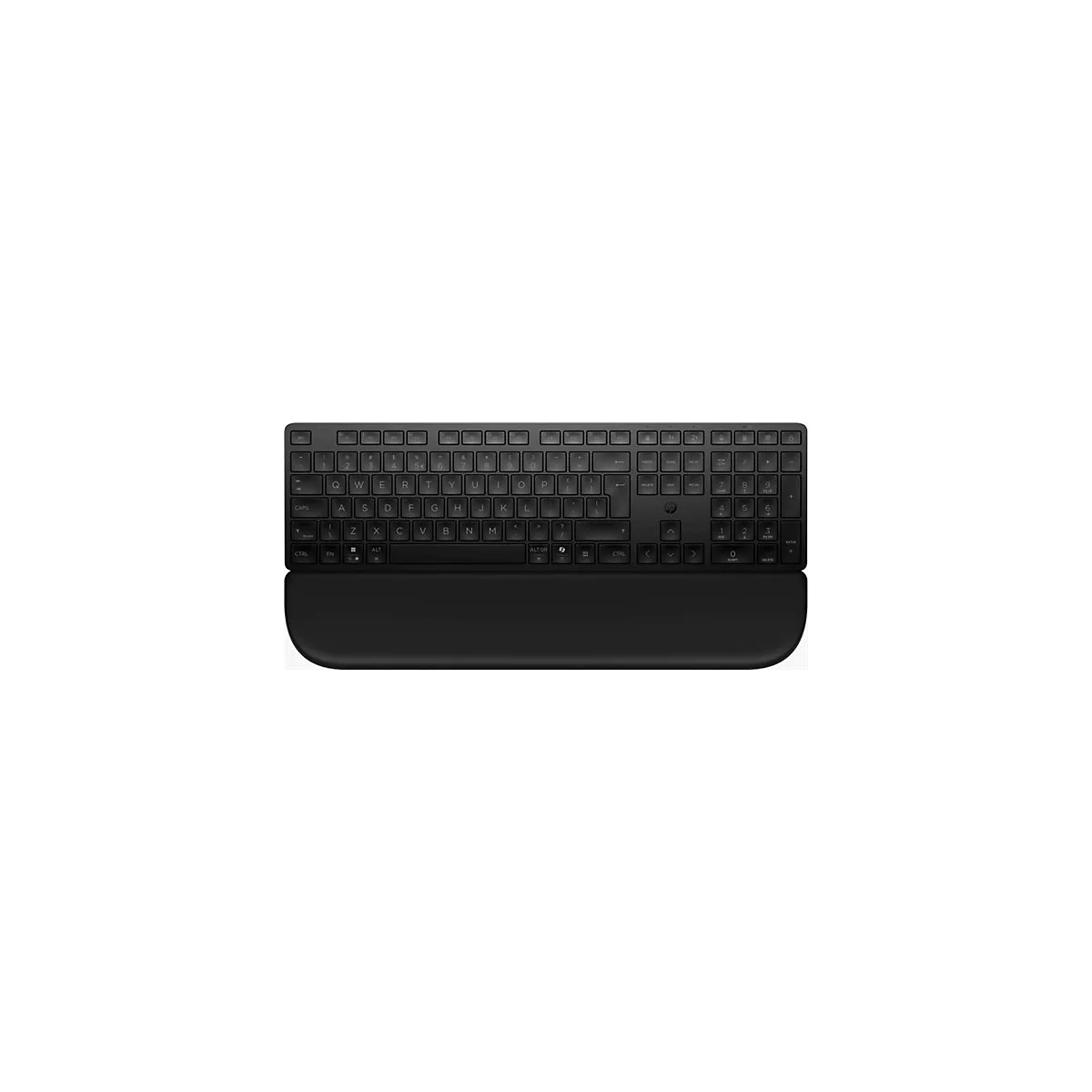 Schwarze kabellose HP Tastatur in Draufsicht mit integrierter Handballenauflage auf weißem Hintergrund.