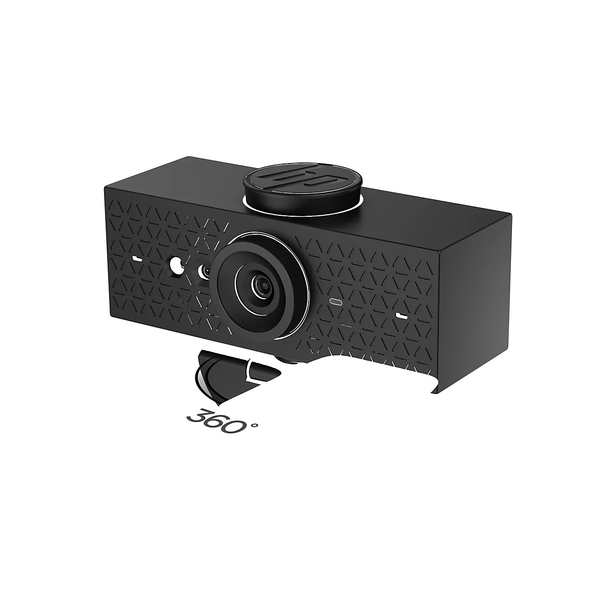 Schwarze Kamera mit 360-Grad-Funktion. Geometrisches Muster auf Gehäuse. Objektiv mit umlaufendem weißen Ring.