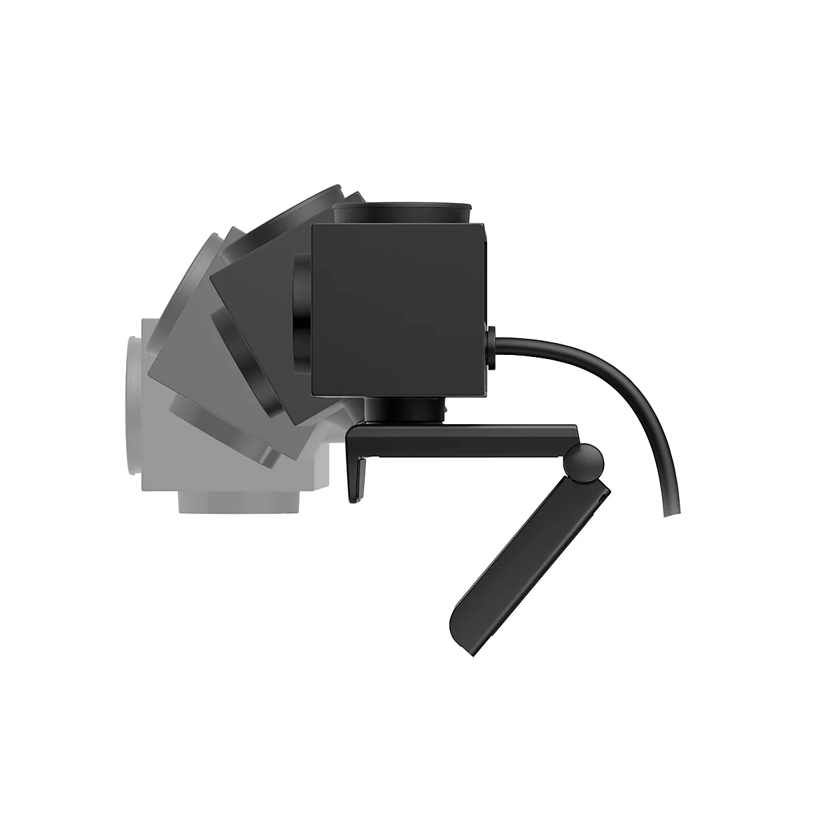 Schwarze Webcam in Seitenansicht mit verstellbarem Fuß. Die Kamera selbst ist quadratisch, mit einem Objektiv auf der Vorderseite. Ein Kabel führt nach unten.