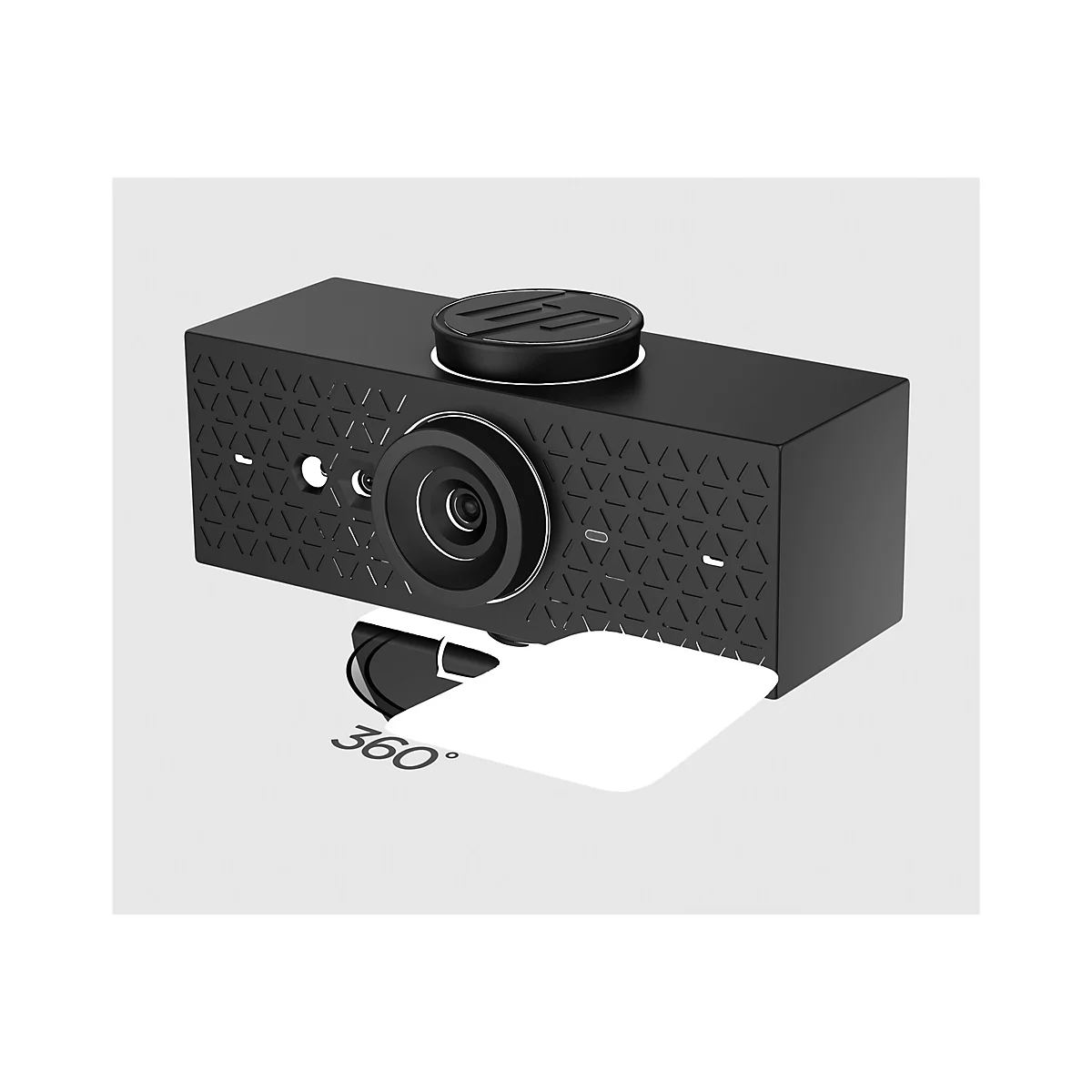 Schwarze Kamera mit 360°-Drehung, geometrischem Muster, und Fokus auf das Objektiv. Ein weißes Element zeigt die 360°-Funktion.