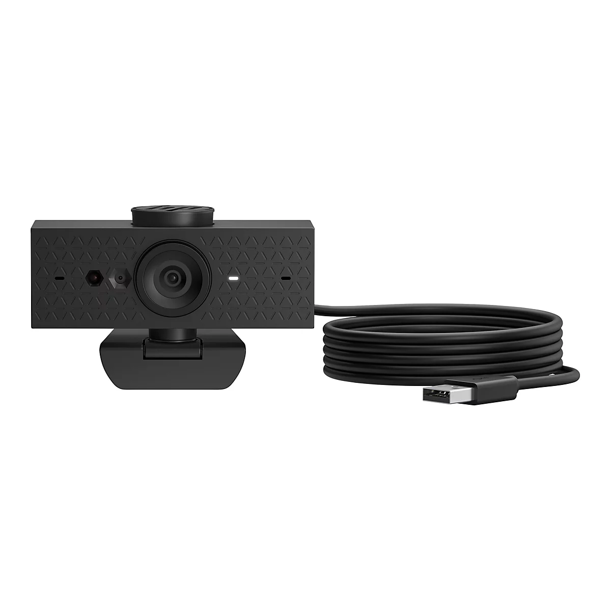 Schwarze Webcam mit dreieckigem Muster und USB-Kabel auf weißem Hintergrund.