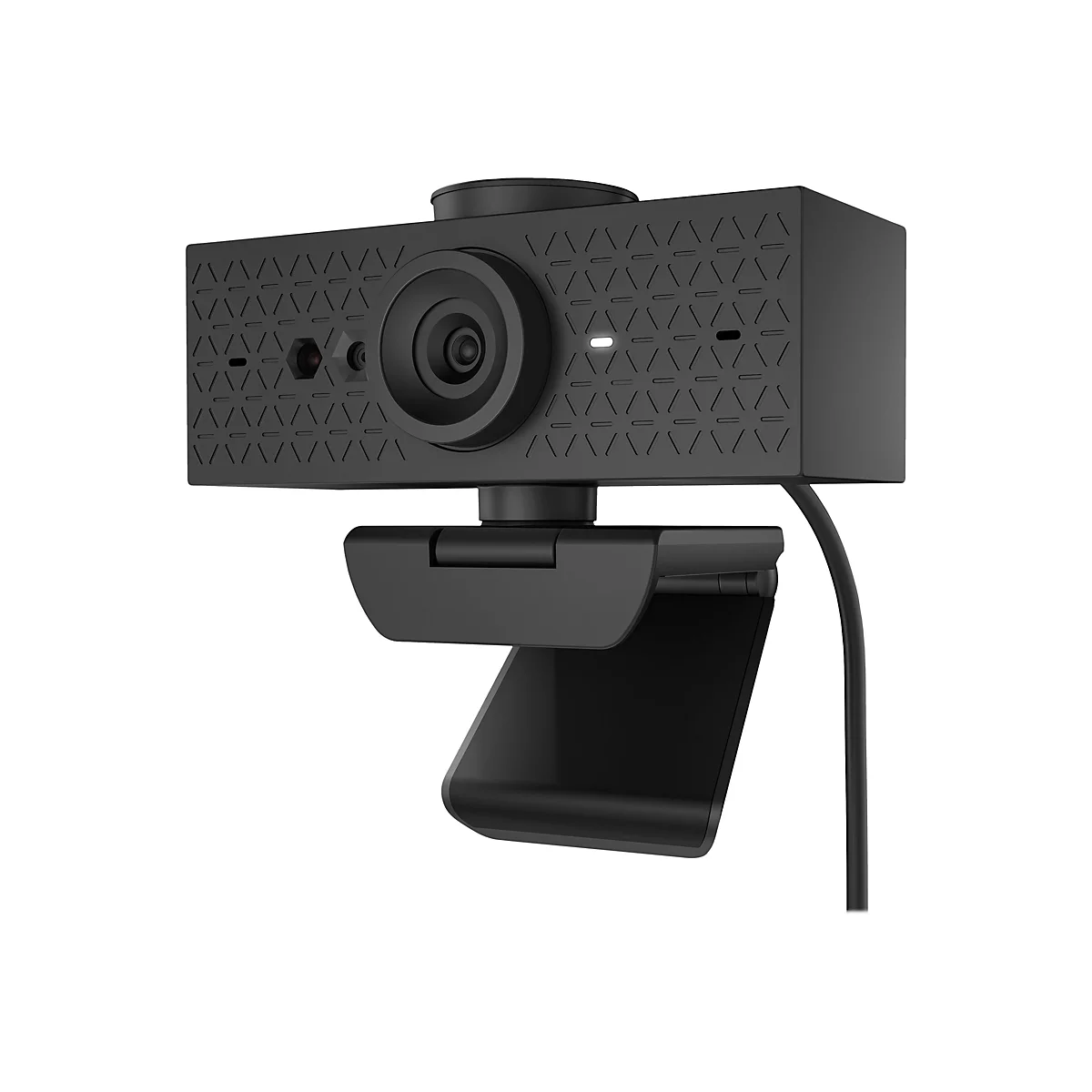 Schwarze Webcam. Sie hat ein Objektiv, ein Gehäuse mit Dreiecks-Muster und einen verstellbaren Ständer.