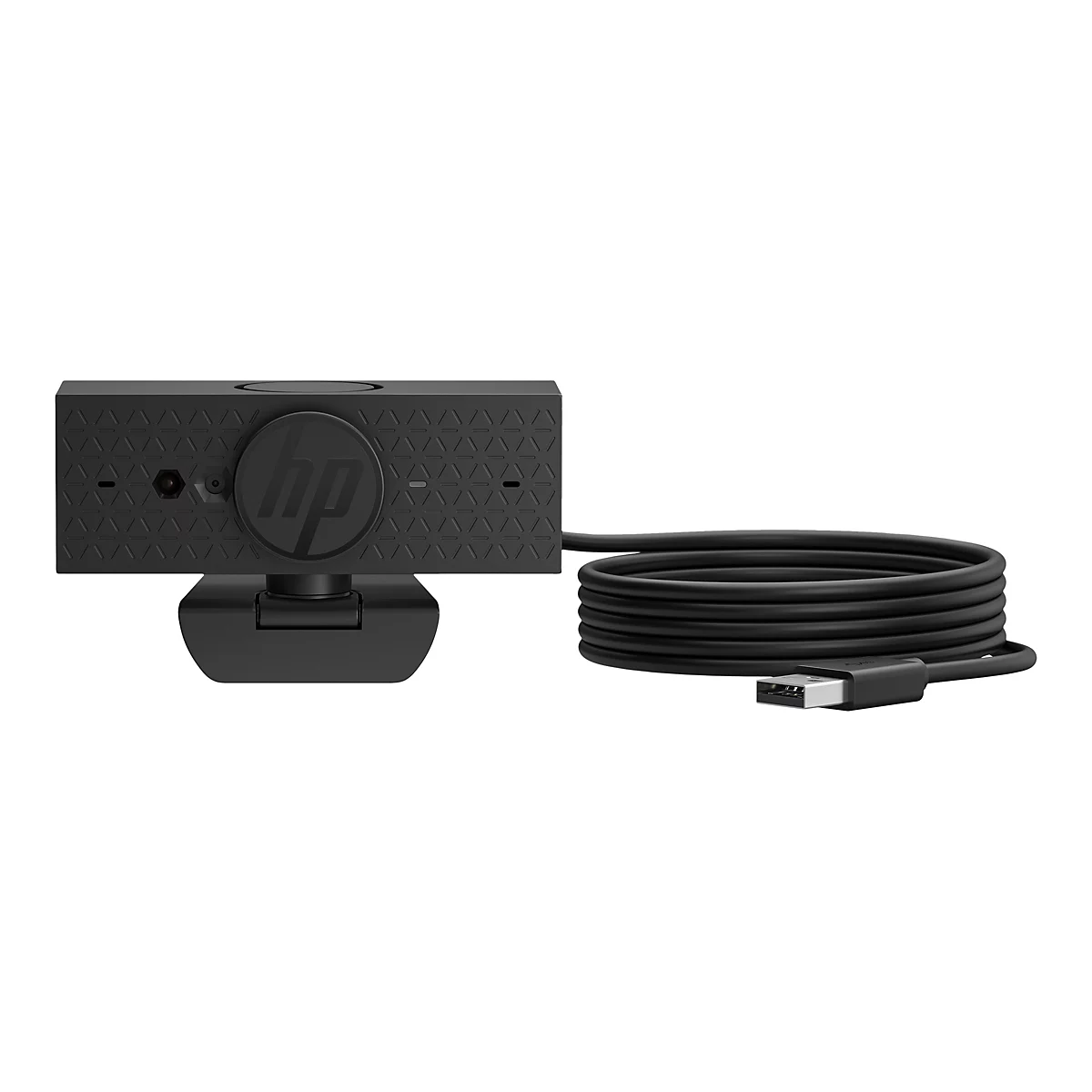 Schwarze HP Webcam mit dreieckigem Muster. Kabel mit USB-Stecker. Auf weißem Hintergrund.