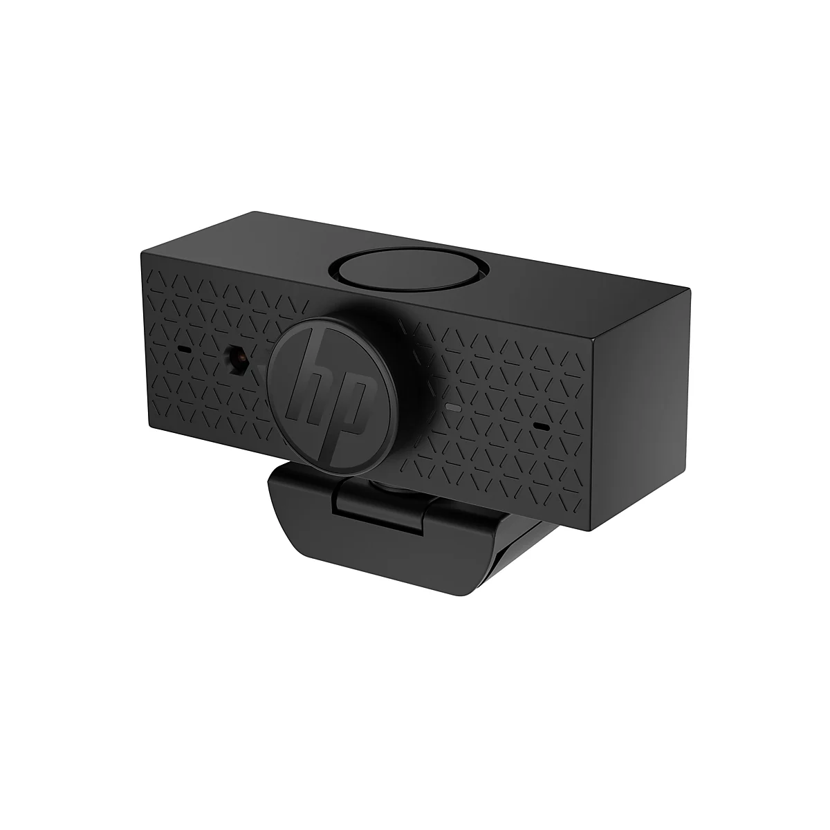 Schwarze HP Webcam mit Logo und dreieckigem Muster. Der Fuß ist verstellbar.