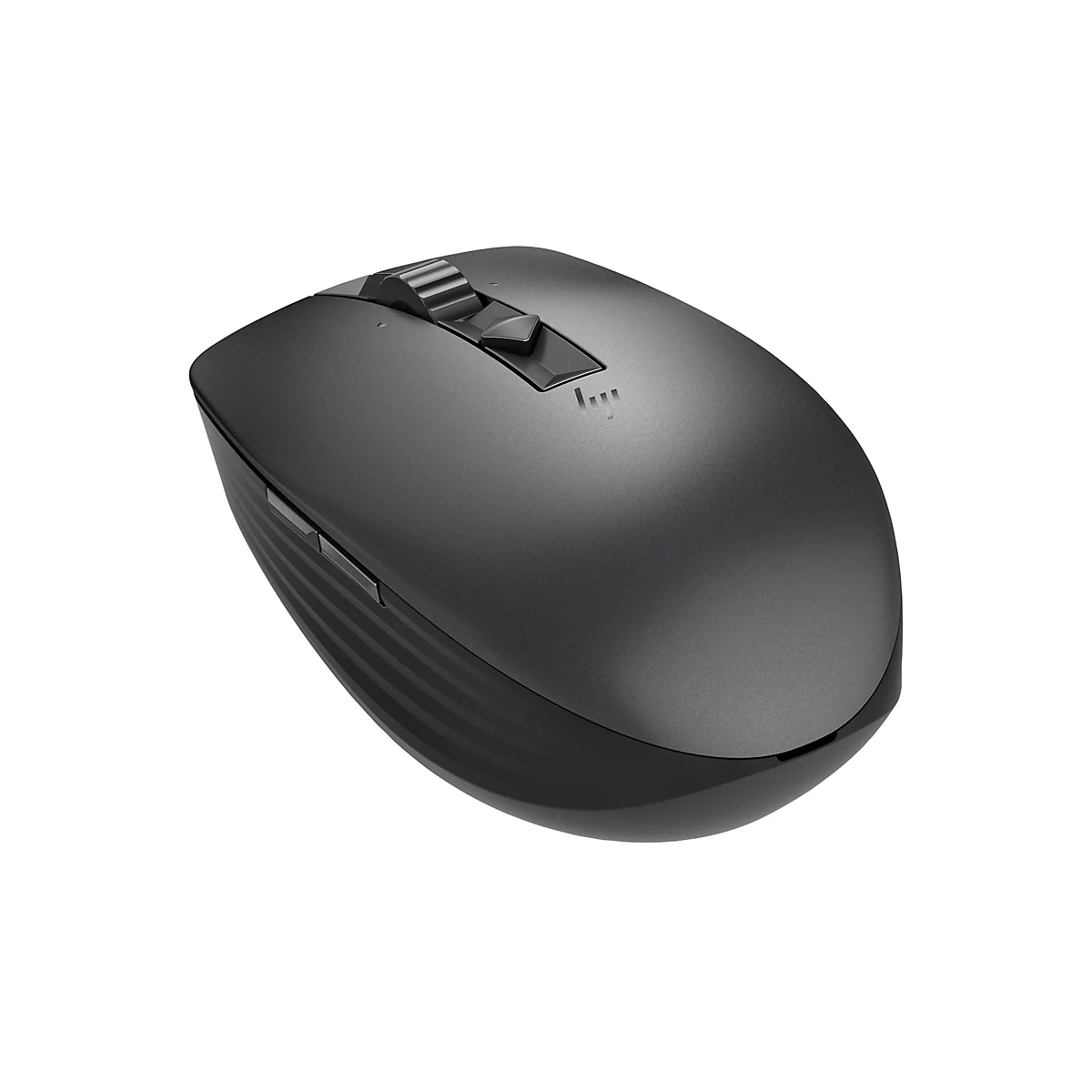 Drahtlose Computermaus in Grau mit Scrollrad und HP-Logo.