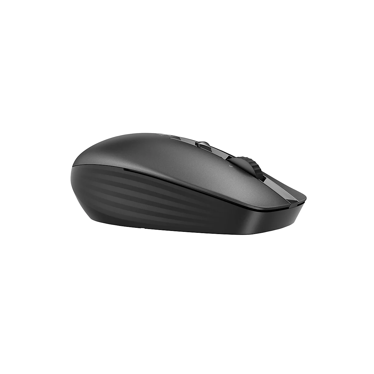 Drahtlose Computermaus in Dunkelgrau auf weißem Hintergrund. Die Maus ist seitlich abgebildet, mit einem Fokus auf den ergonomischen Aufbau und das Scrollrad.