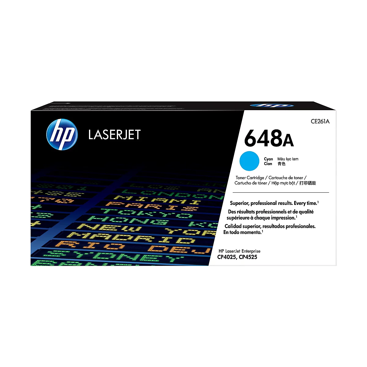 Auf weißem Hintergrund eine Druckerpatrone der Marke HP. Auf der blauen Verpackung sind das Logo, die Bezeichnung Laserjet und die Produktnummer 648A abgebildet. Unterhalb ein blaues Farbfeld.