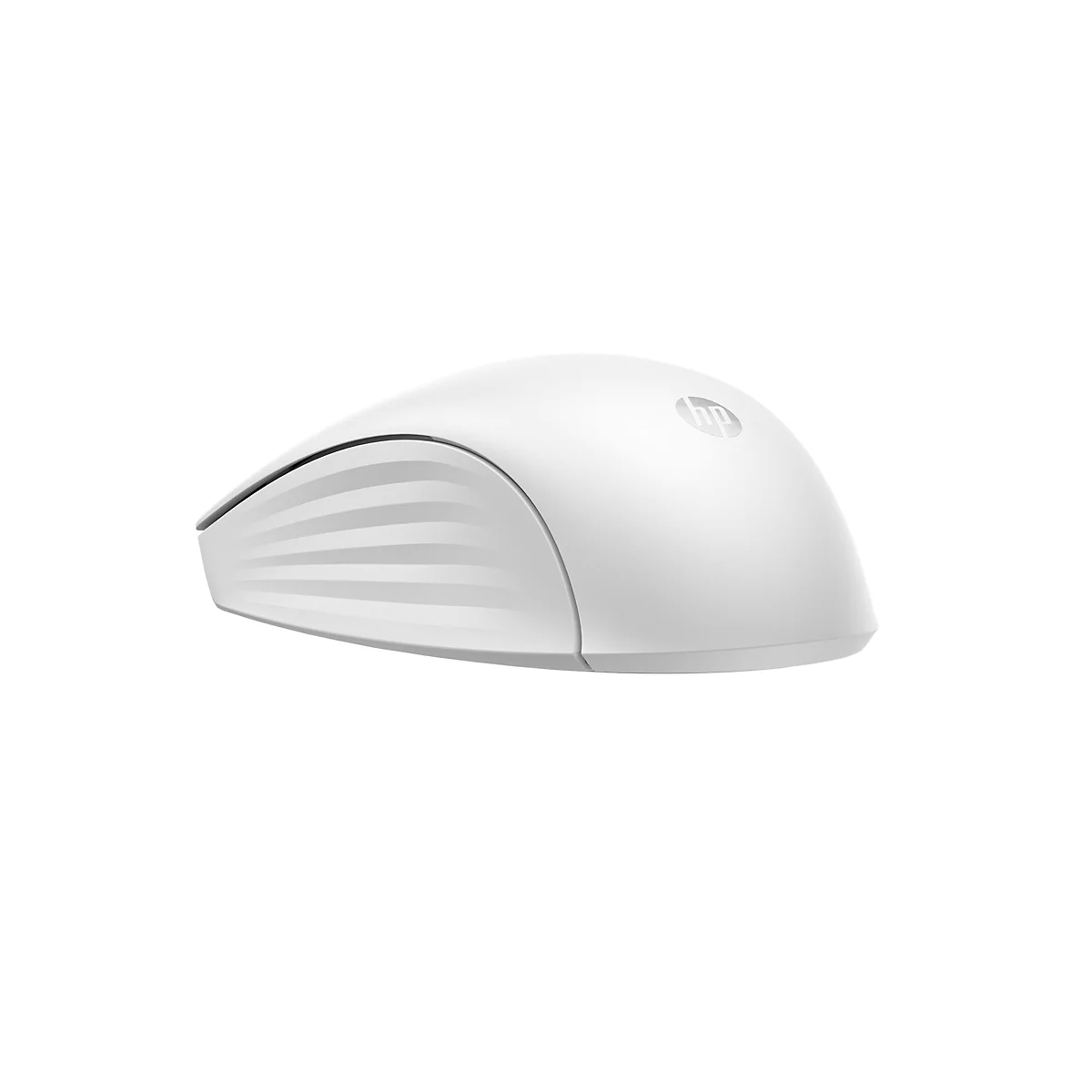 Weiße, ergonomisch geformte kabellose HP Computermaus mit geriffelter Seitenfläche auf weißem Hintergrund.