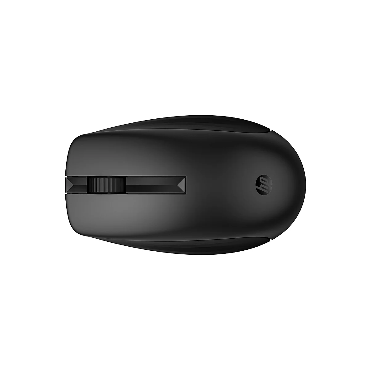 Draufsicht auf eine schwarze HP-Maus auf weißem Hintergrund. Sichtbar sind Scrollrad und HP-Logo.