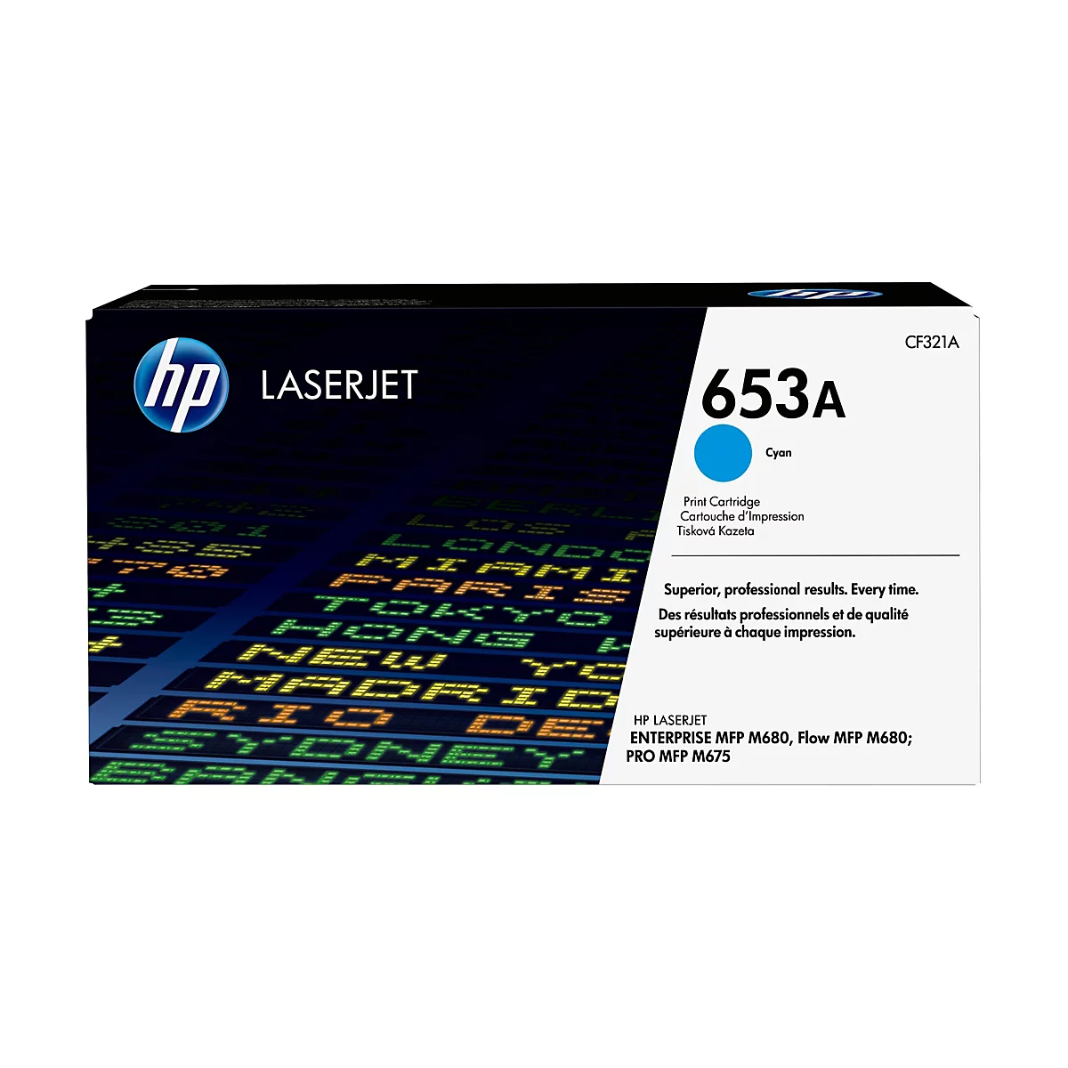 Eine blaue HP 653A Cyan Laserdruckerpatrone. Auf der Packung sind Logos und Informationen zu sehen.